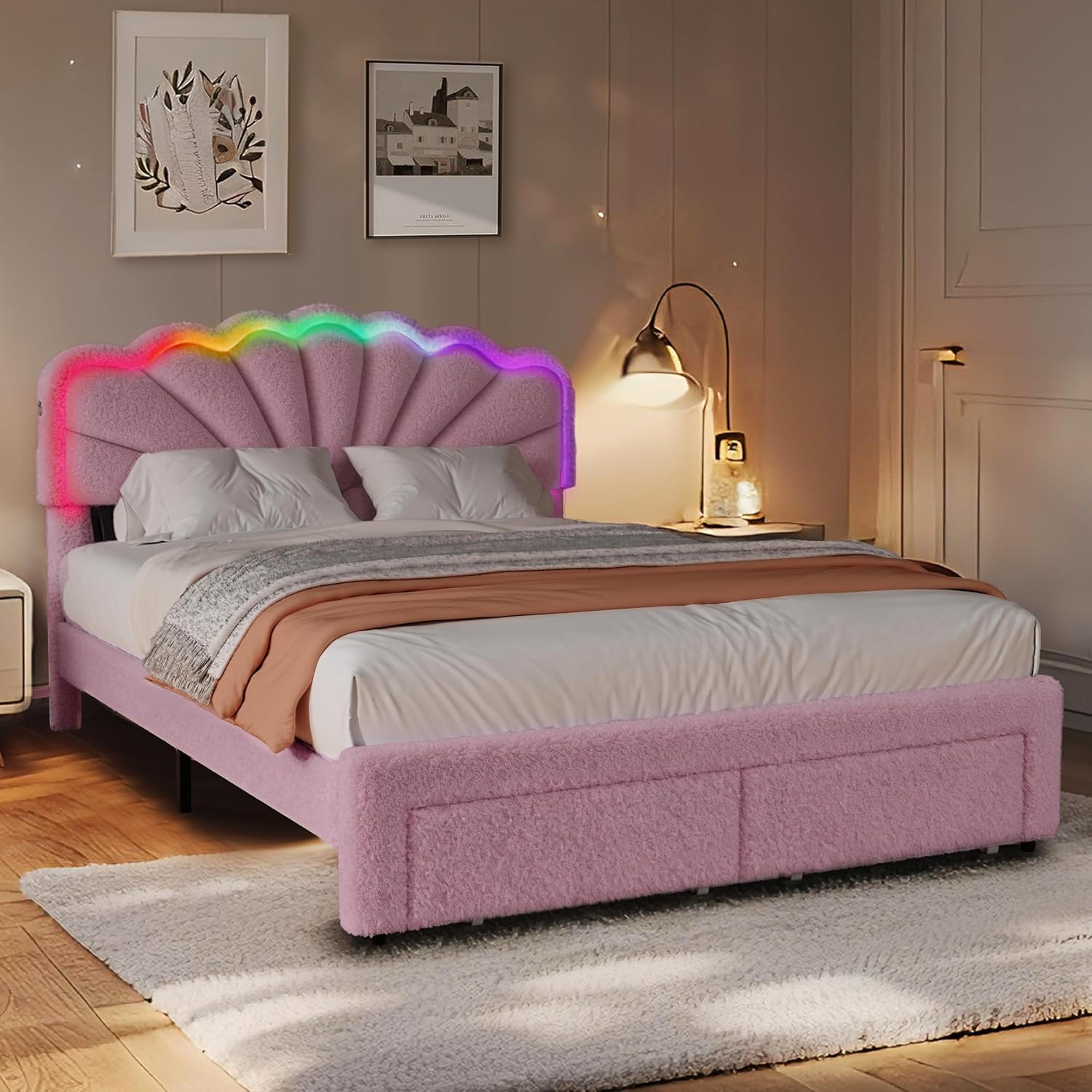 Juego Upholstered Bed Frame with LED Lighting,USB Charging Ports，and 2 Storage Drawers,Noise-Free,Easy Assembly,Teddy Velvet,Pink,Queen