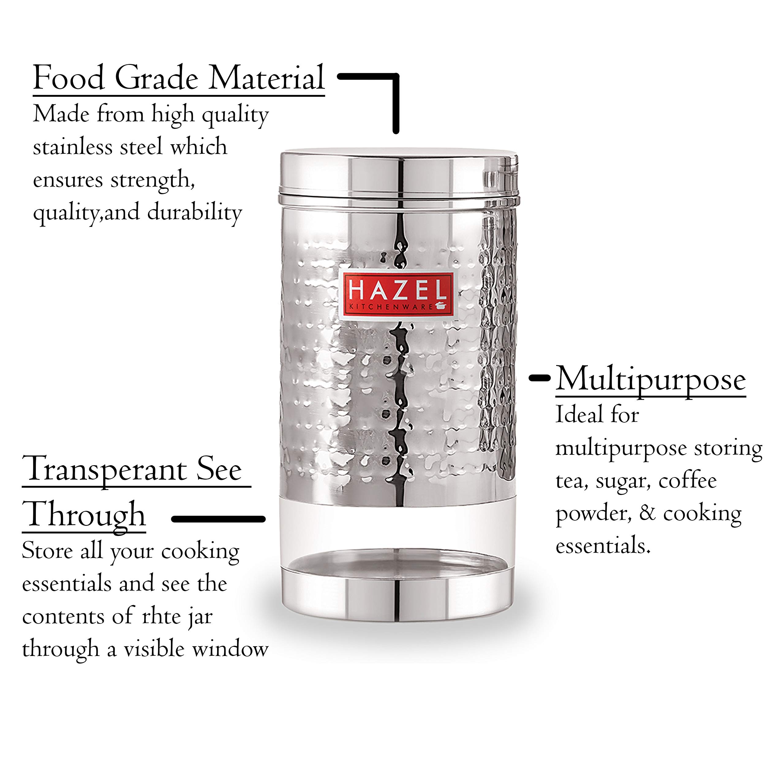 HAZEL Recipiente de acero inoxidable para almacenamiento de cocina, acabado martillado, transparente, brillante, tarro de almacenamiento Dabba, juego de 1, 1200 ml, plateado