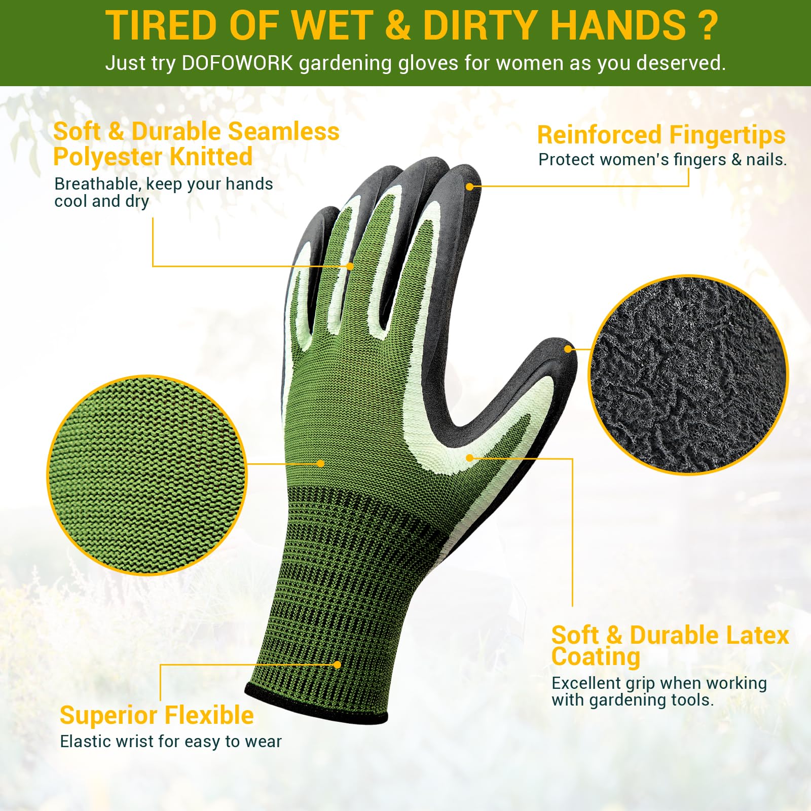 DOFOWORK Gants de jardin - 6 paires de gants en latex bleu et vert pour femme avec poignées, durables, polyvalents et