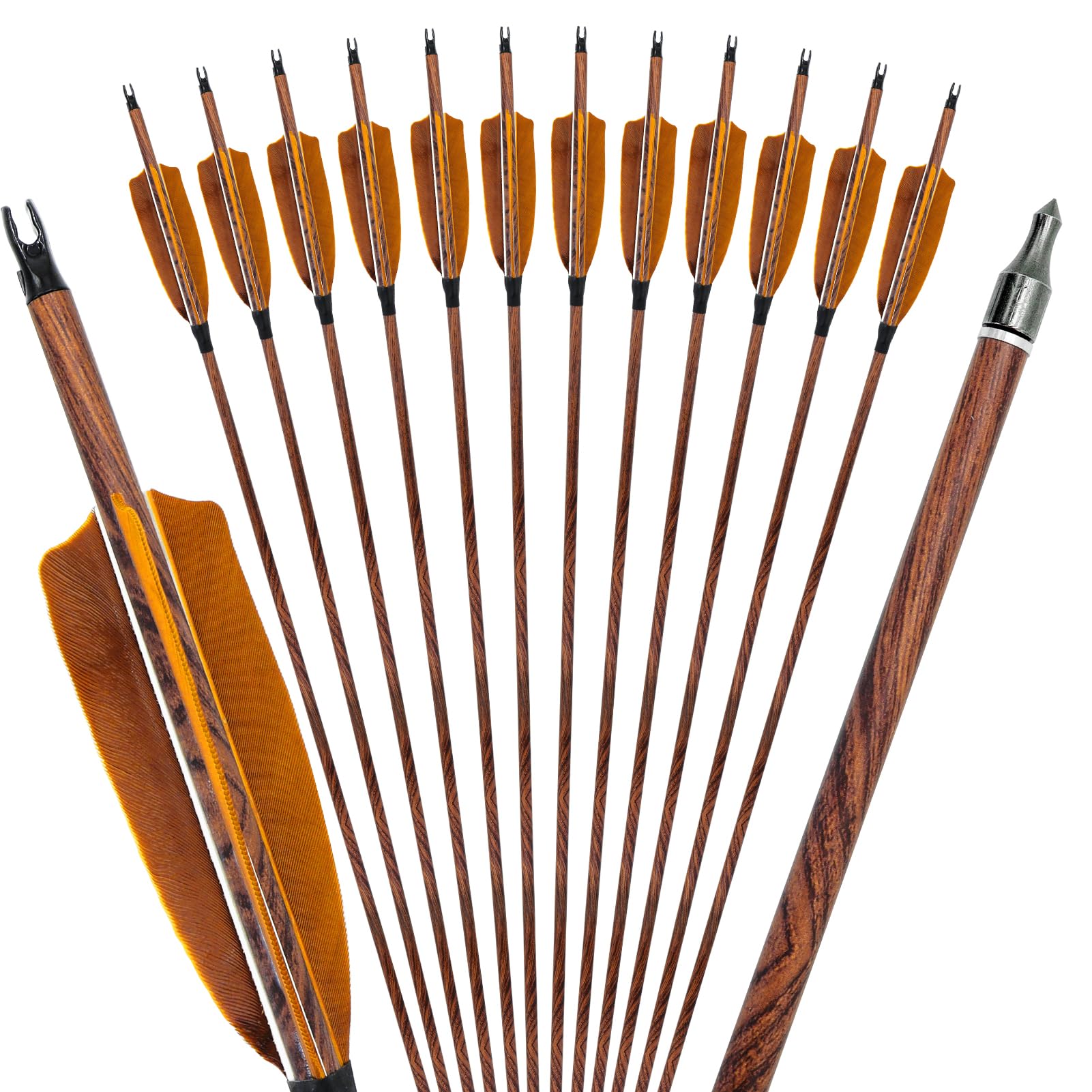 12 Stück Bogenschießen Carbon Pfeile 28-31 Zoll Spine 500 Mit Naturfedern Holzmaserung Pfeile Für Jagd Recurvebogen Compoundbogen