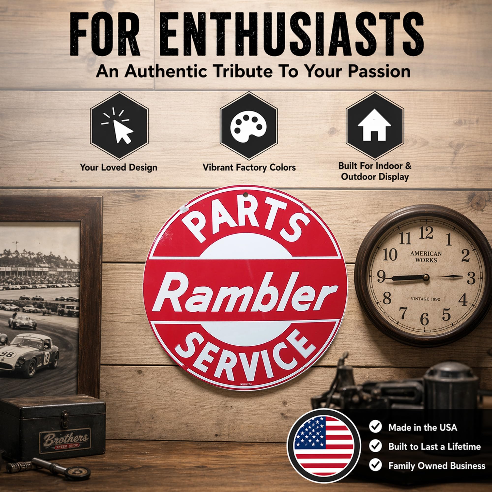 Brotherhood Targa in metallo vintage con riproduzione di cartelli in metallo vintage per garage e casa 20 cm di diametro – Rambler Parts and Service