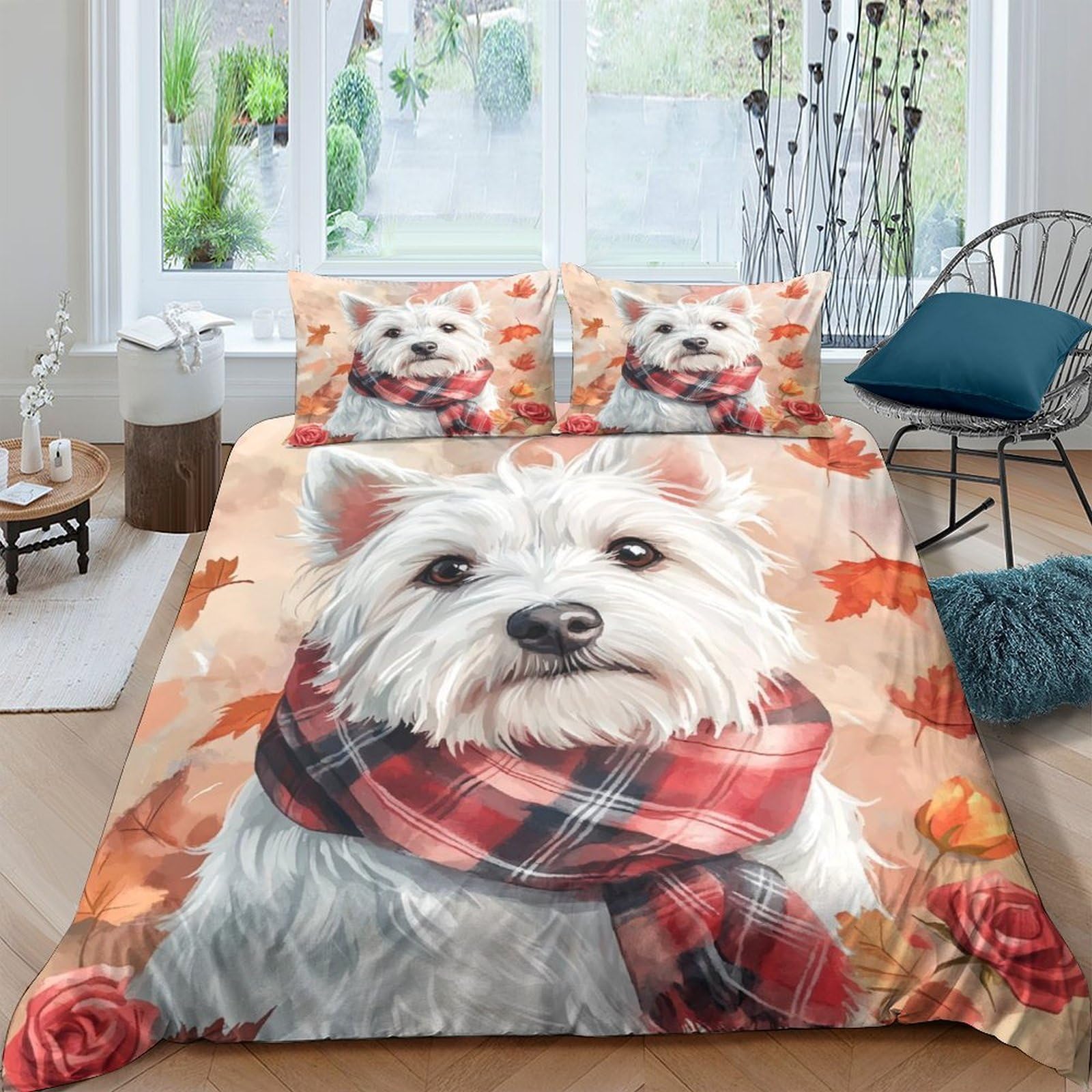 TUFRTGYHN 3D Printed Westie Dog Autumn Leaves Duvet Cover Microfiber Soft Breathable Plaid Scarf Bedding Set with 2 Pillowcases for Bedroom Decor Single（135x200cm）