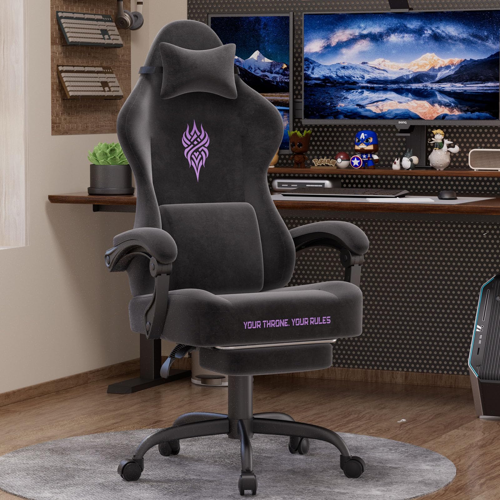 Verdego Gaming Chair with Lumbar Massage and Footrest, Ergonomic Gaming Chair, Velvet Fabric, Reclining 90°-125°, Height Adjustable 10cm, Cadeira Professional Gaming and Office (Black)