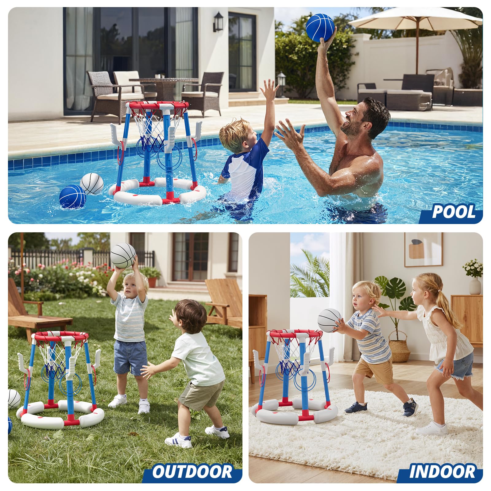 HYES Canasta de Baloncesto Piscina, Flotante Canasta Juguetes para Niños, Piscina de Baloncesto con 4 Bolas 8 Anillo, Juegos de Agua Interior y Exterior para Niños Adultos, Rojo
