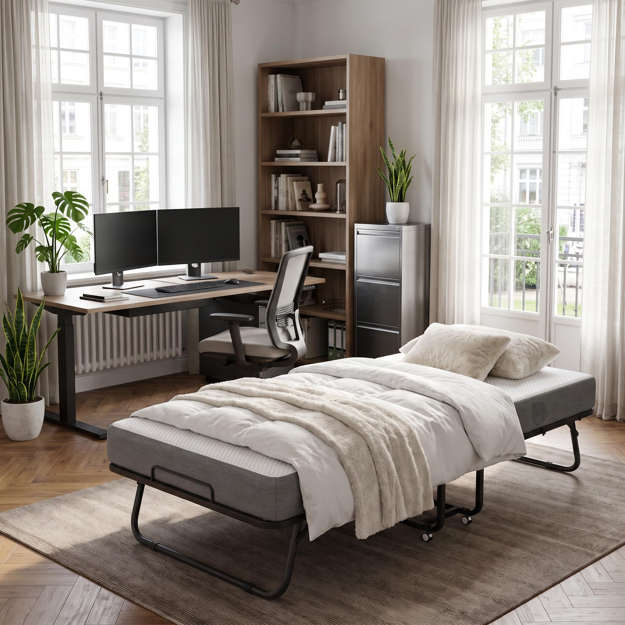 ACXIN Klappbett 90x200 cm Gästebett Klappbar für Erwachsene – Metallbettgestell mit 13 cm Memoryschaum-Matratze, Faltbares Reisebett mit Rollen, Belastbar bis 200 kg