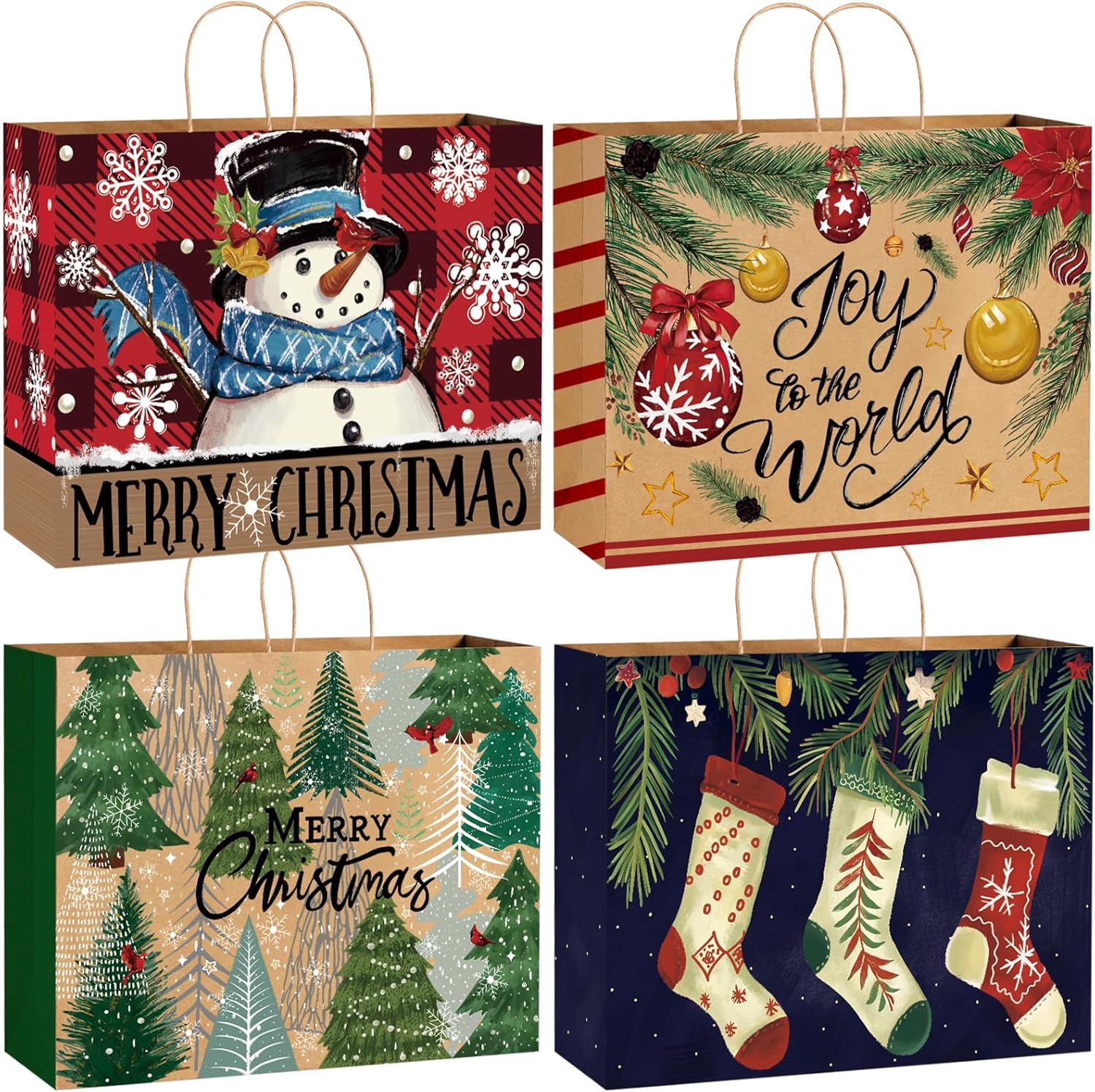 DULEFUN 12pcs Extra Large Christmas Gift Bags, Jumbo Xmas Holiday Tote Kraft Paper Bag Treat Shopping Wrapping Bag's for New Year Party Favors Supplies