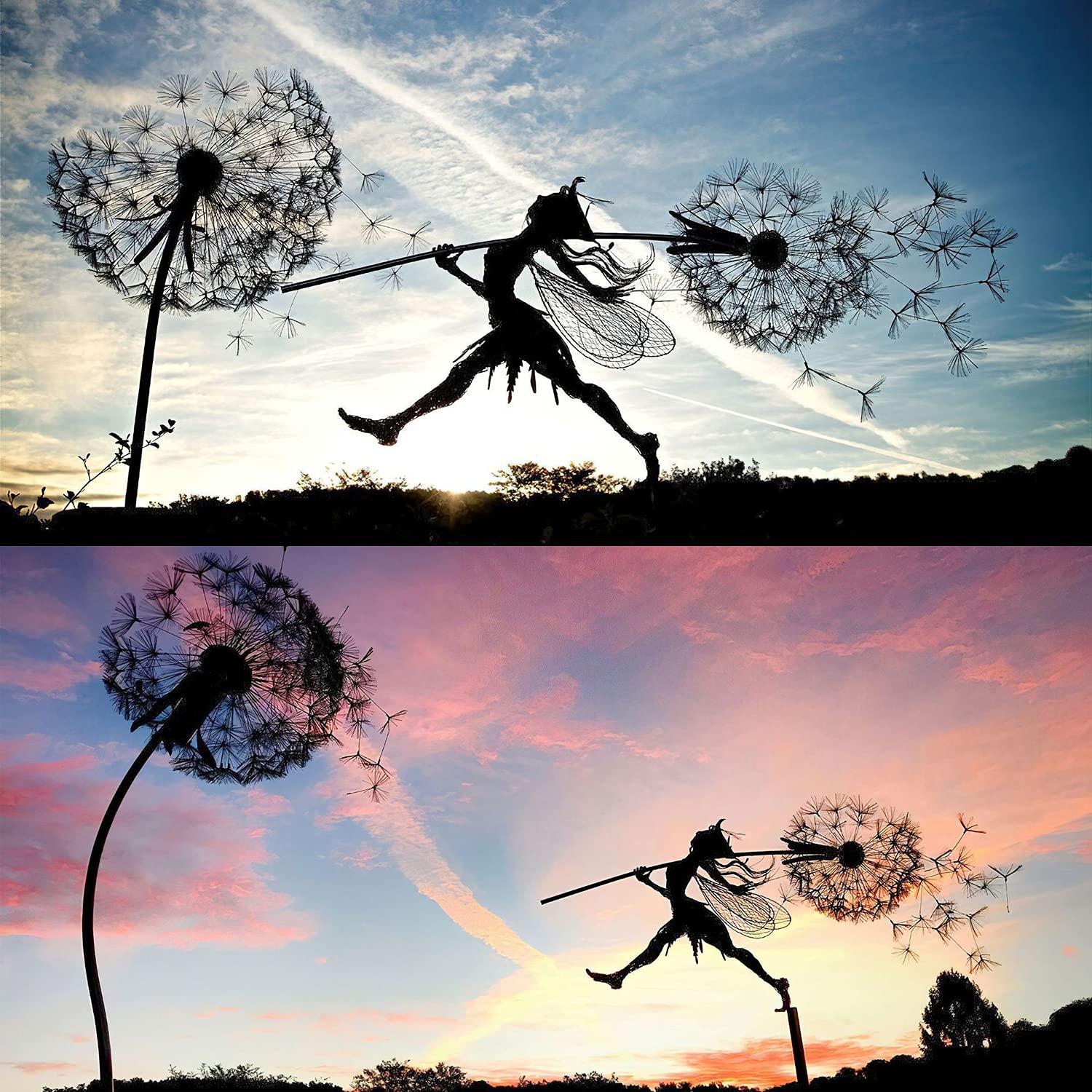 Fée et pissenlit dansent ensemble – Décoration de jardin en métal Fairy Bloom Décoration de jardin Mythique Jardin de fées Figurine de fées Pixies (A)