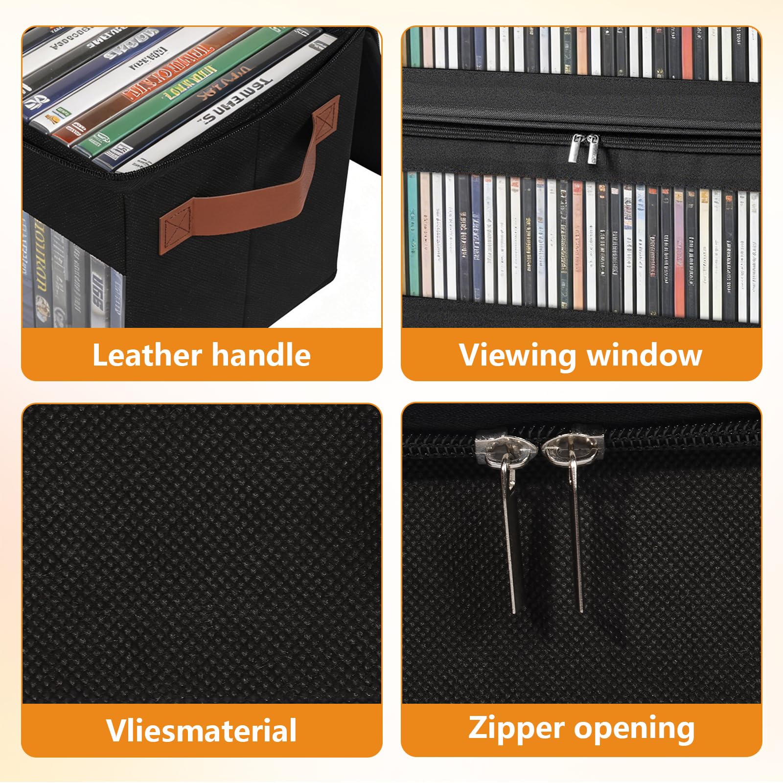 Confezione da 4 scatole per DVD, 43,5 x 22 x 22 cm, con coperchio con cerniera e finestra, contenitore per 50 DVD in custodie piene, 85 DVD in custodie sottili e 220 dischi in custodie per CD