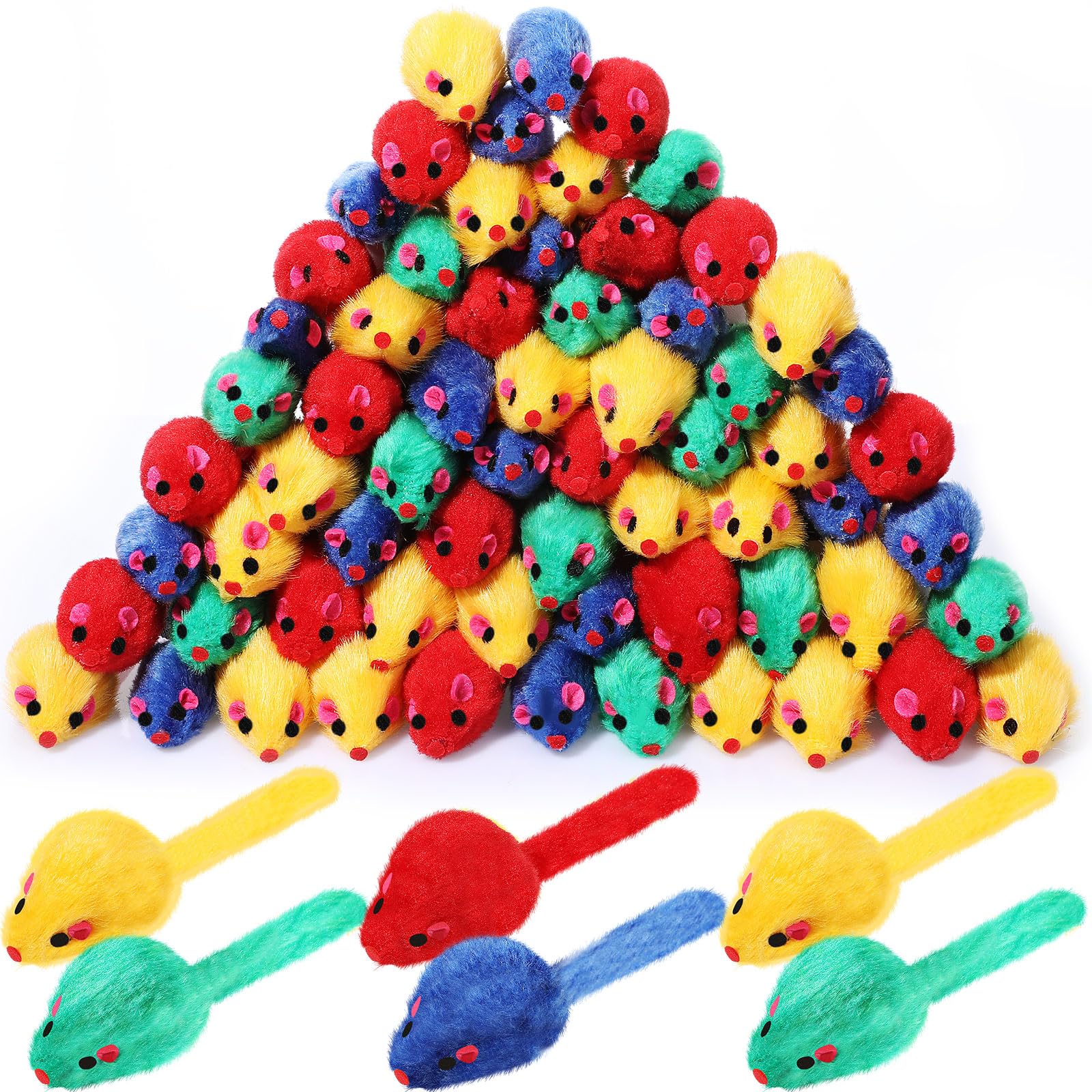 Sosation Lot de 100 souris en fourrure pour chat - Jouet interactif assorti pour intérieur et chaton - Jouet sonore pour chats et chatons (vif)