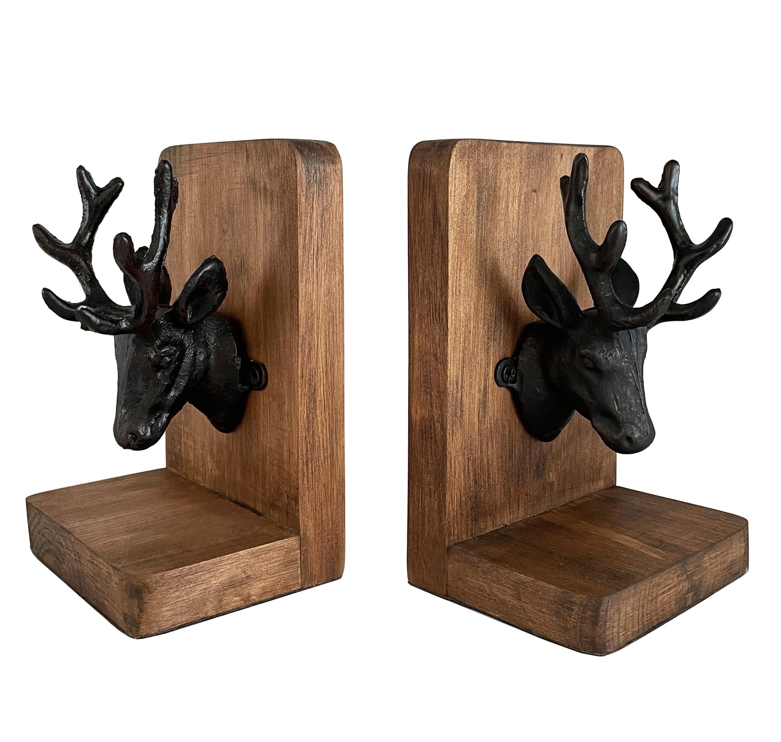 Fermalibri in ghisa con testa di cervo e corna di alce, fermalibri decorativi per mensole, scrivania in legno a forma di L, resistente, antiscivolo (1 paio), decorazione antica