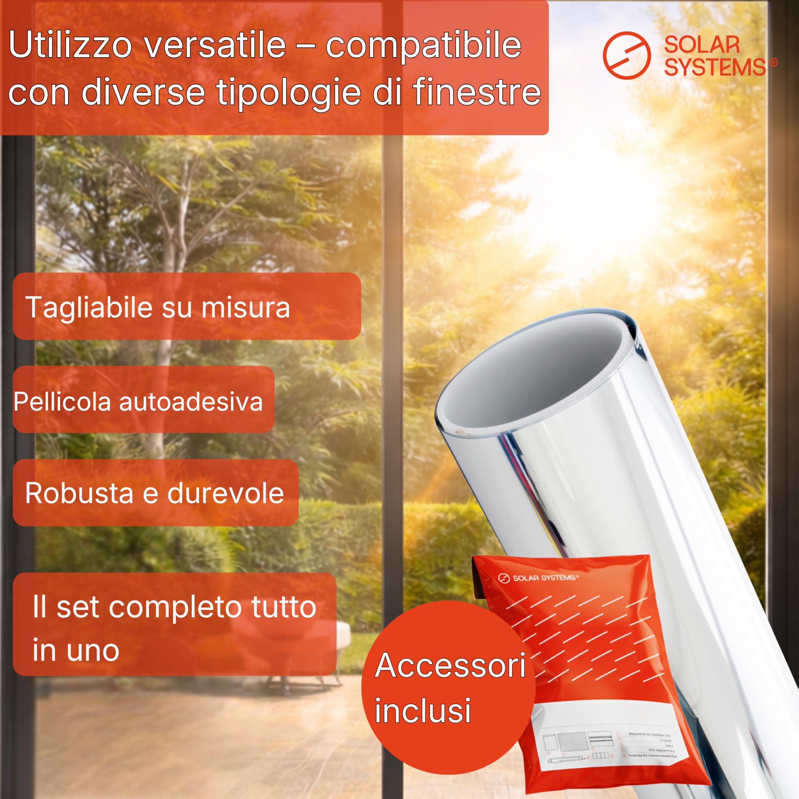 Solar Systems Pellicola per finestre per l'isolamento termico con kit di montaggio - Pellicola solare anti-UV per uso esterno - Pellicola argentata a specchio Autoadesiva 152 x 200