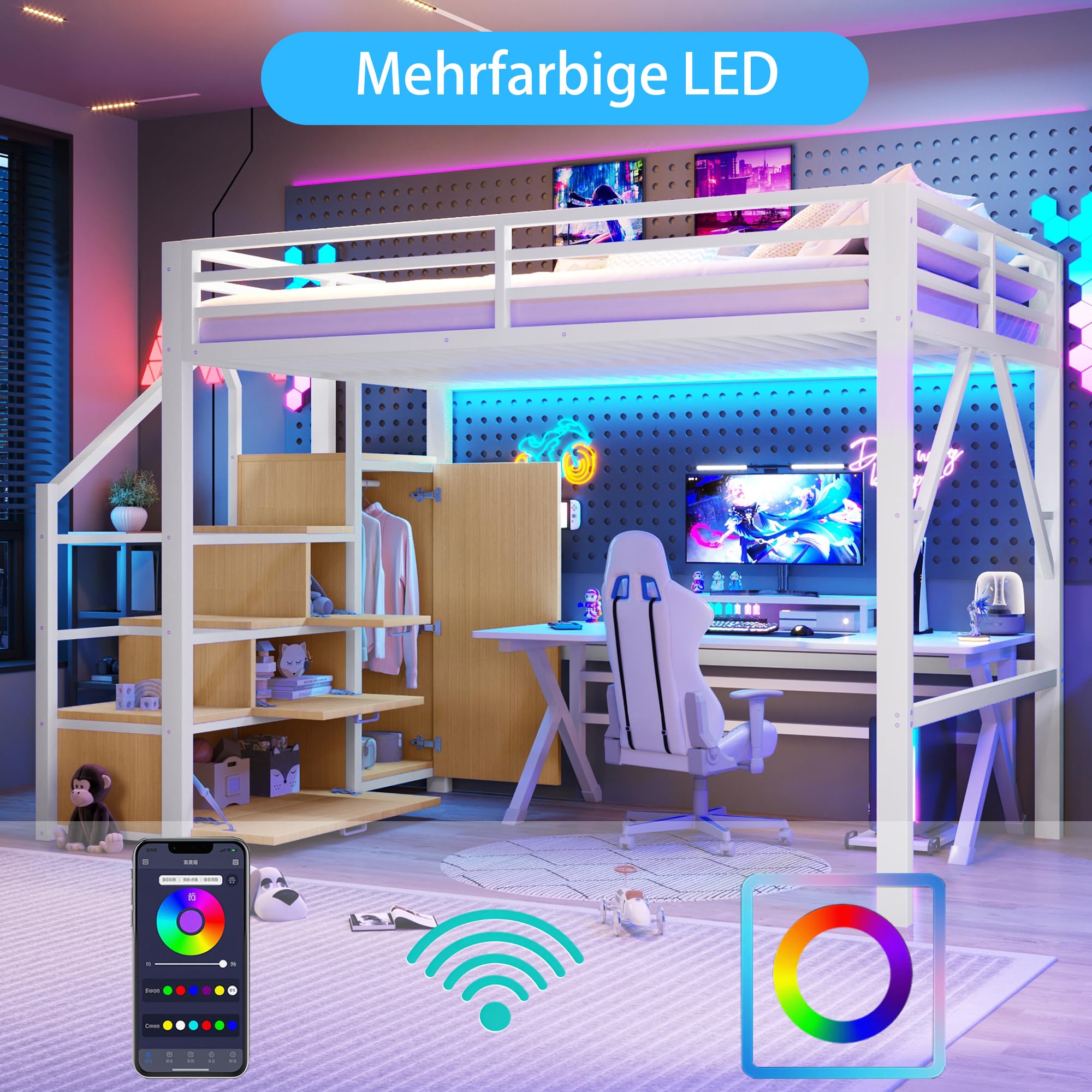 Zepneiy - Cama entrepiso con iluminación LED, 140 x 200 cm, cama entrepiso de metal, con compartimentos de almacenamiento y armario, cama doble con marco de hierro, color blanco (colchón no incluido)