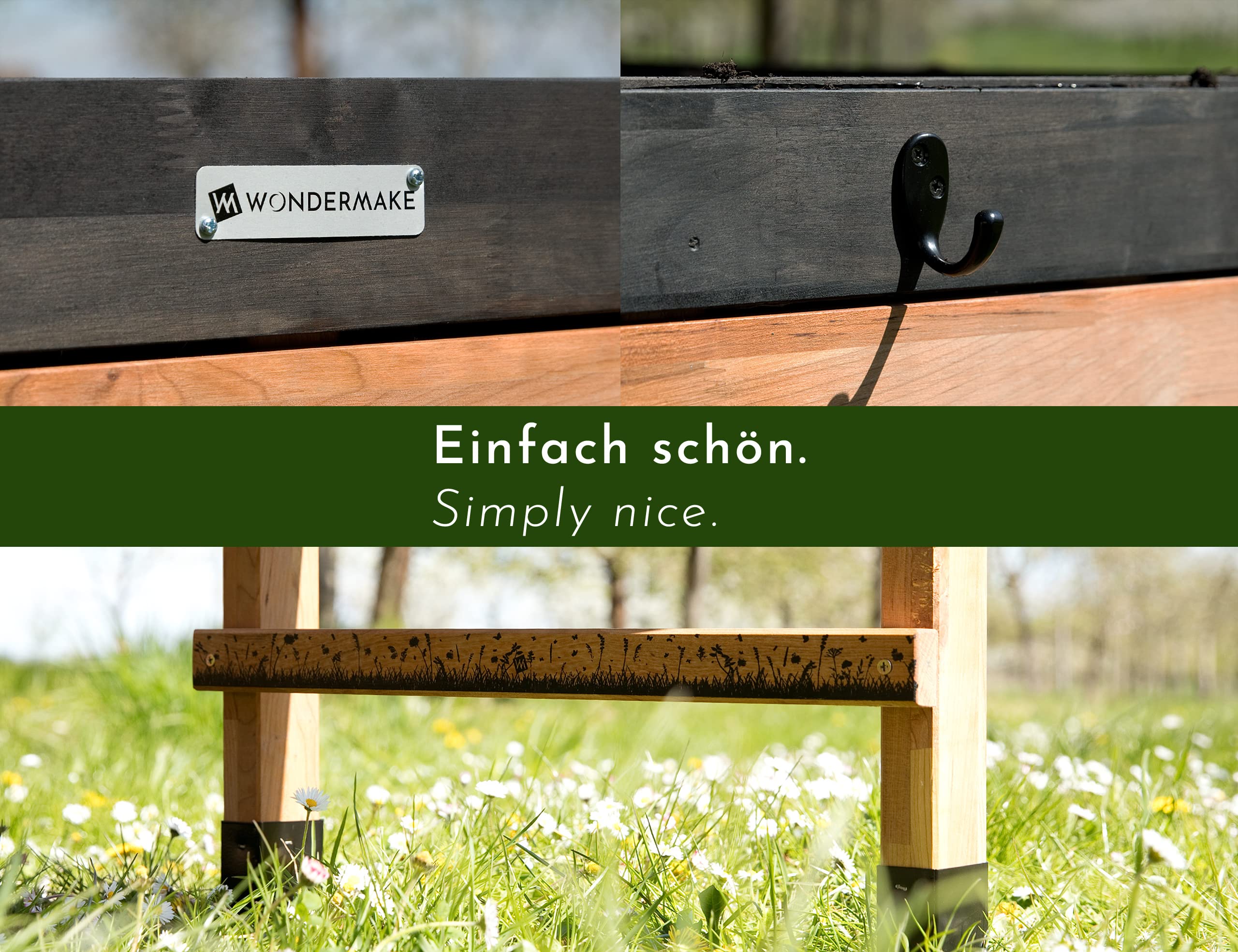 Huerto Urbano, Jardinera elevada de Madera de Cerezo para jardín, balcón o terraza, Kit de Maceta XL Rectangular lámina Interior, para Hierbas aromáticas, marrón Negro