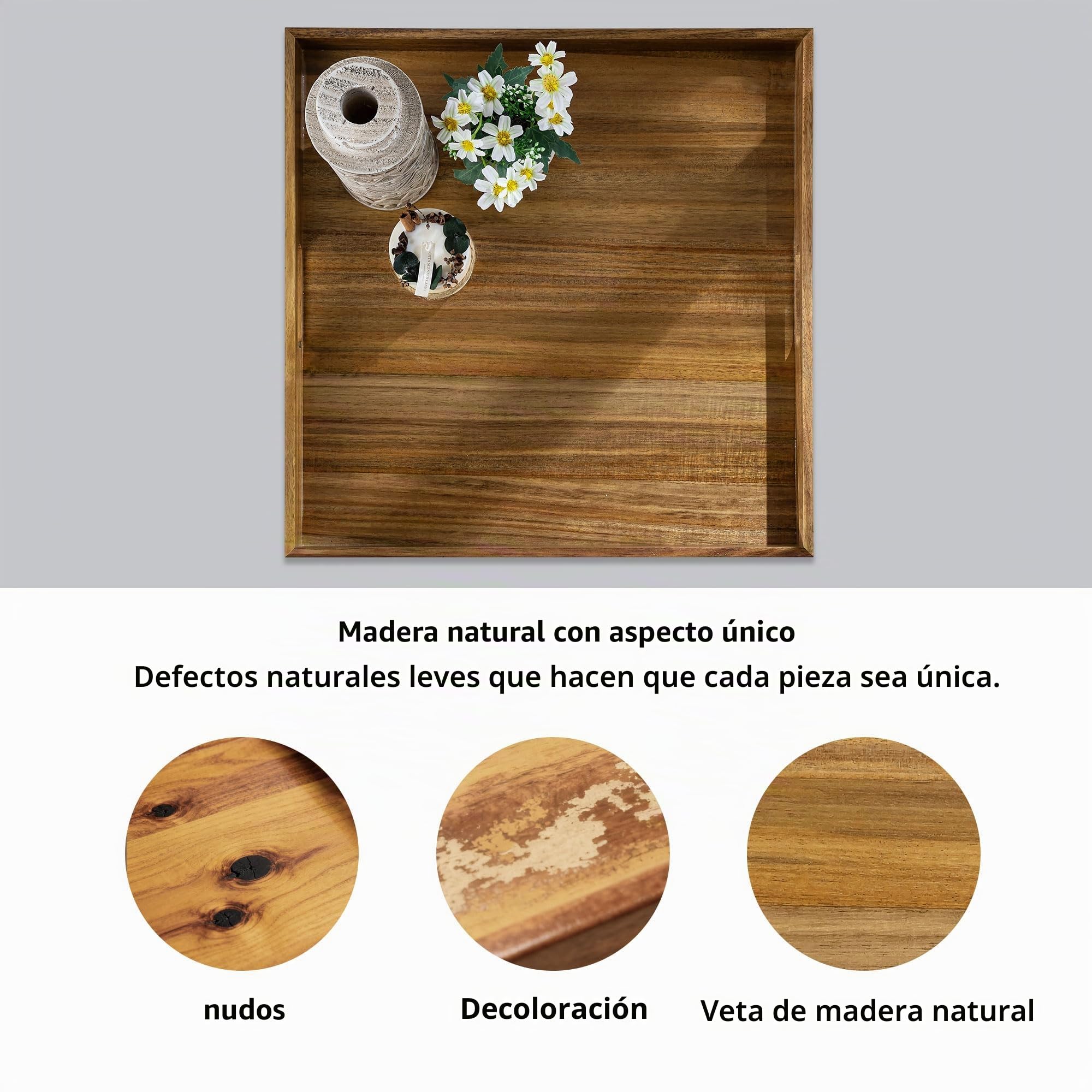 Hanobe Bandeja para servir sobre otomana grande: bandejas cuadradas decorativas de madera XXL de 50 cm con asas para mesa de café, decoración rústica para sala de estar