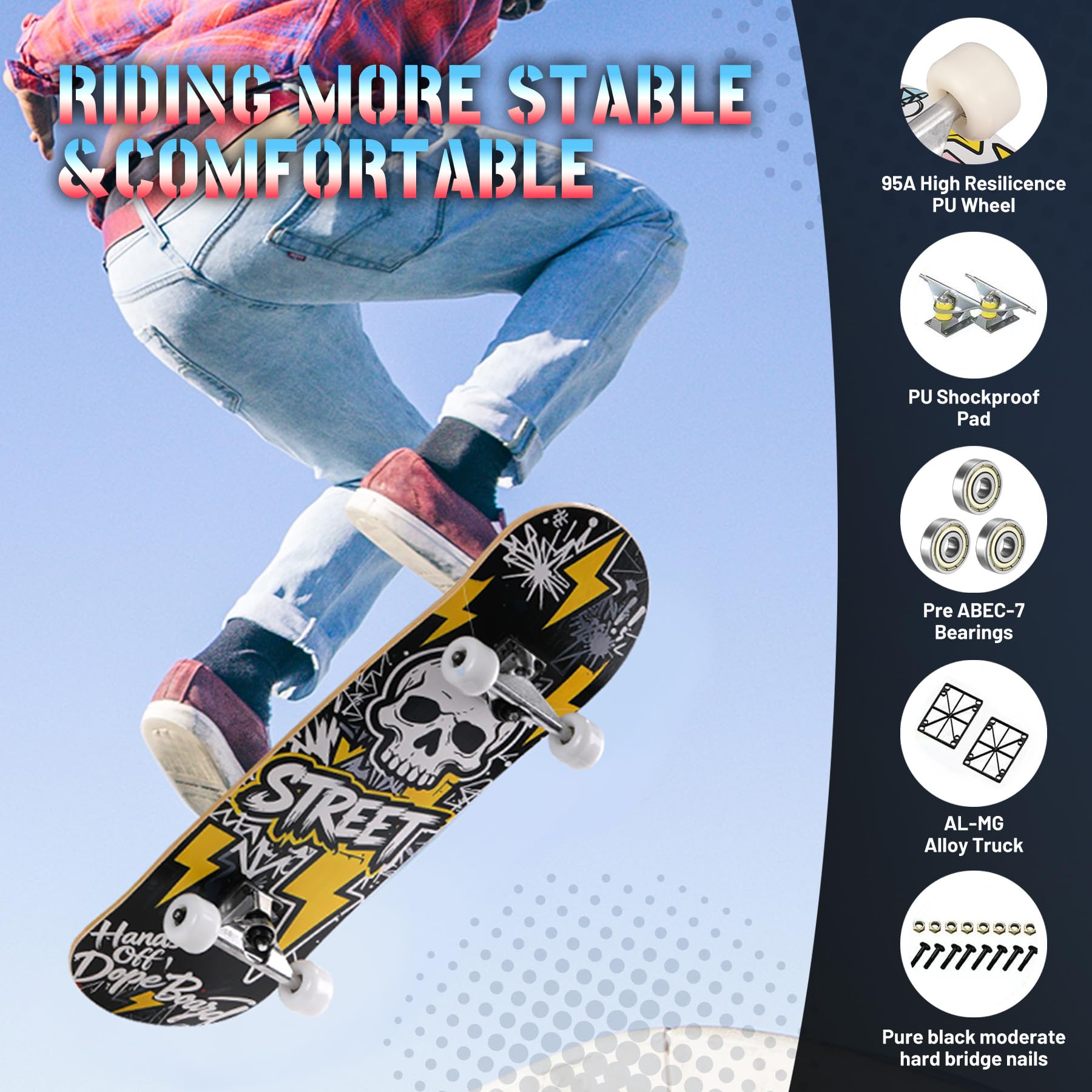 Planche à roulettes Pro complète pour débutants, filles, garçons, enfants, adolescents, adultes, 78,7 x 20,3 cm, 7 couches, érable canadien, longboard concave double kick