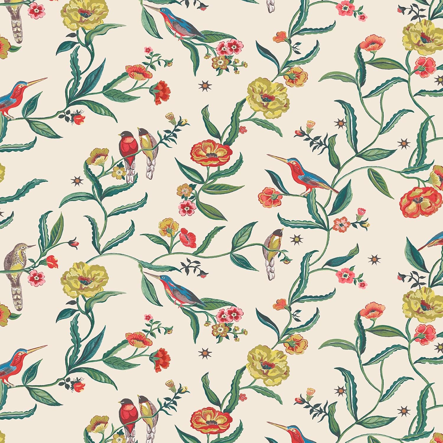 Muriva Cath Kidston Summer Birds Wallpaper Cream - Modern Wallpaper for Living Room, Bedroom, Fireplace - Decorative Luxury Wall Paper with Kingfisher Birds Amongst Trailing Flowers & Leaves (Cream)