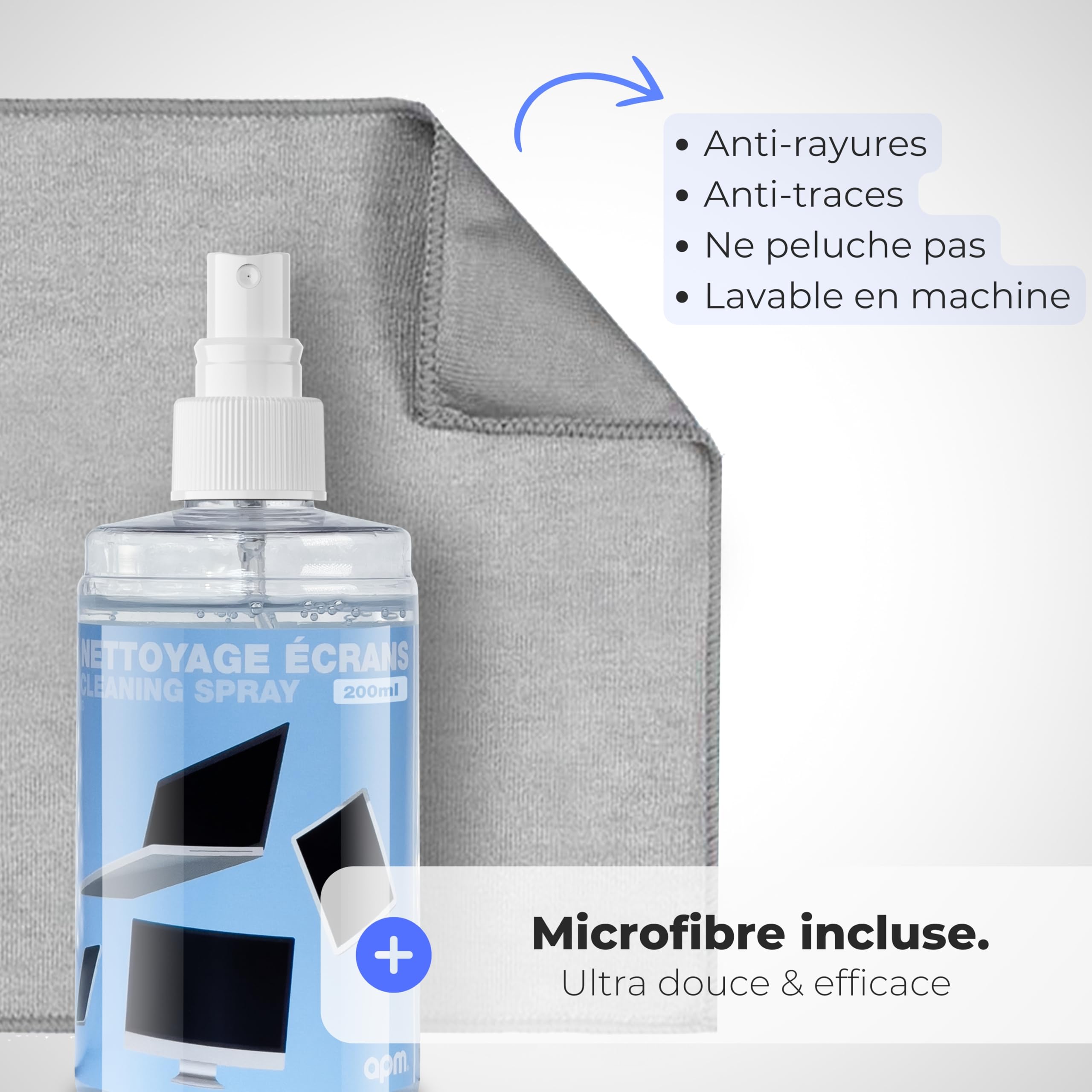APM Spray Nettoyant Écran TV, PC, Smartphone, Tablette, Texture Gel Sans Alcool, Effet Antistatique, Anti-rayures, Anti-traces, Chiffon Microfibre Inclus, Nettoyage Sécurisé, 200ml, 600105