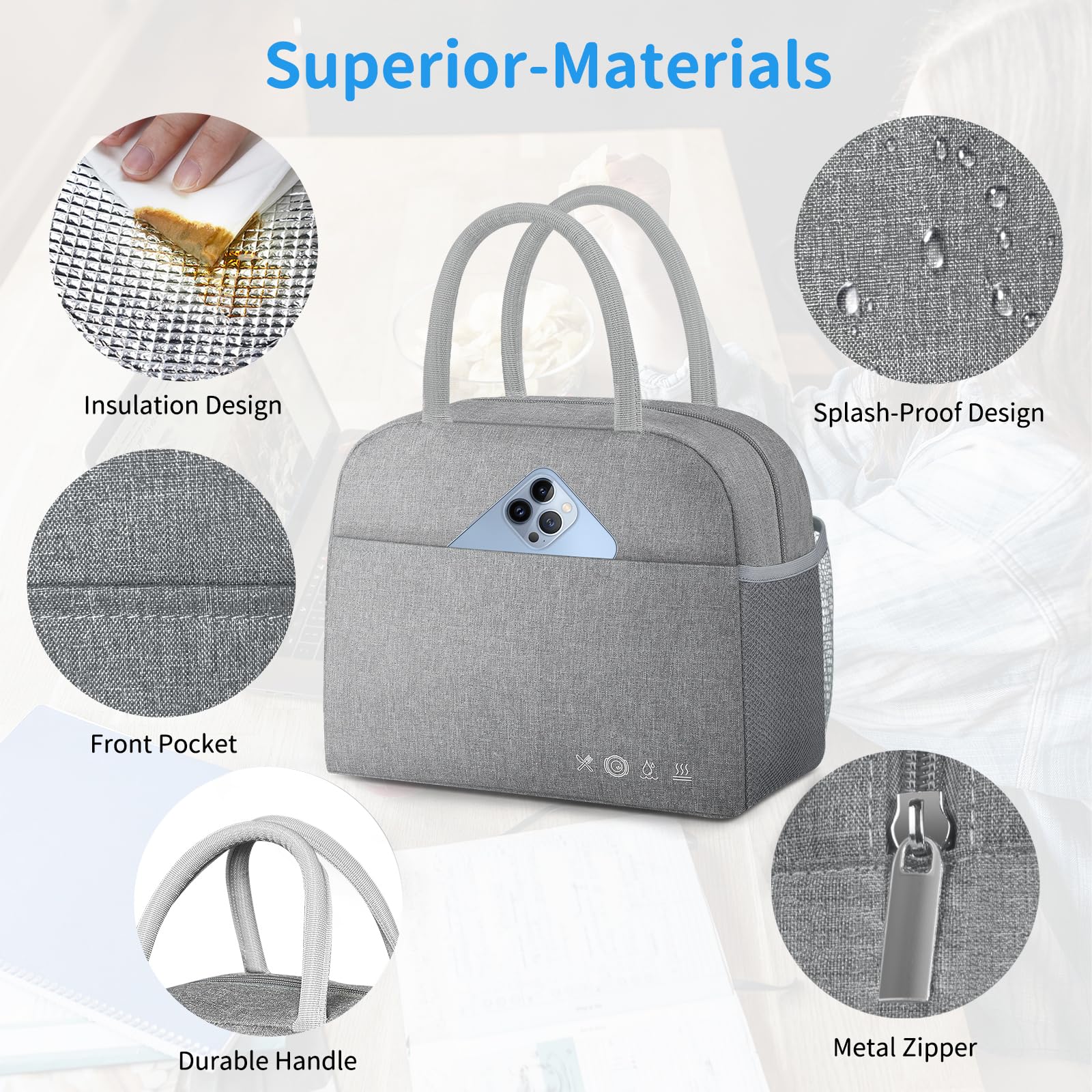 Lonchera para almuerzo, térmica, reutilizable, a prueba de fugas, de alta capacidad, para viajes, trabajo, picnic, playa, para mujeres y hombres, gris 3