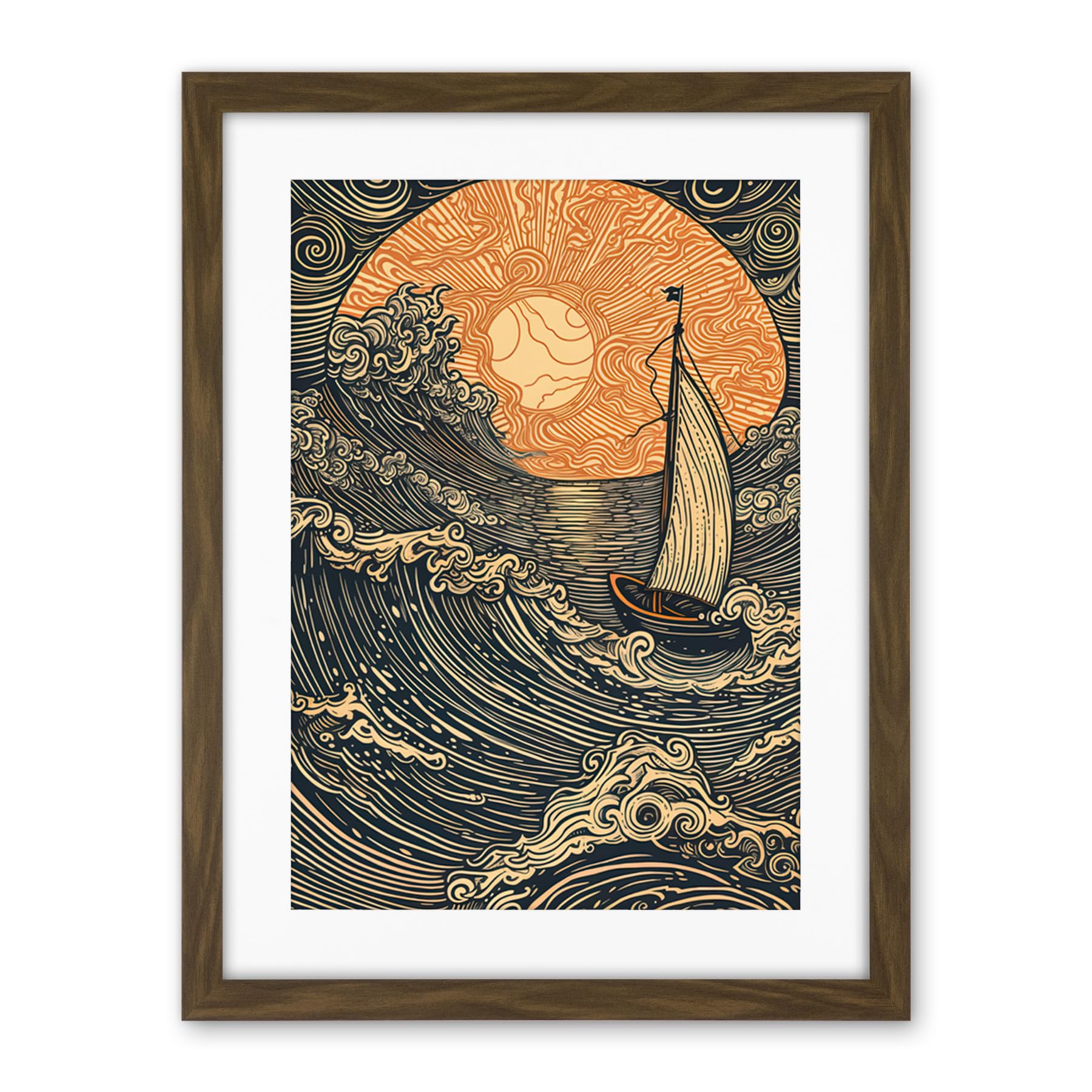 Artery8 Boat Sailing into the Sunset Linocut Illustration Artwork Framed Wall Art Print 18X24 Inch