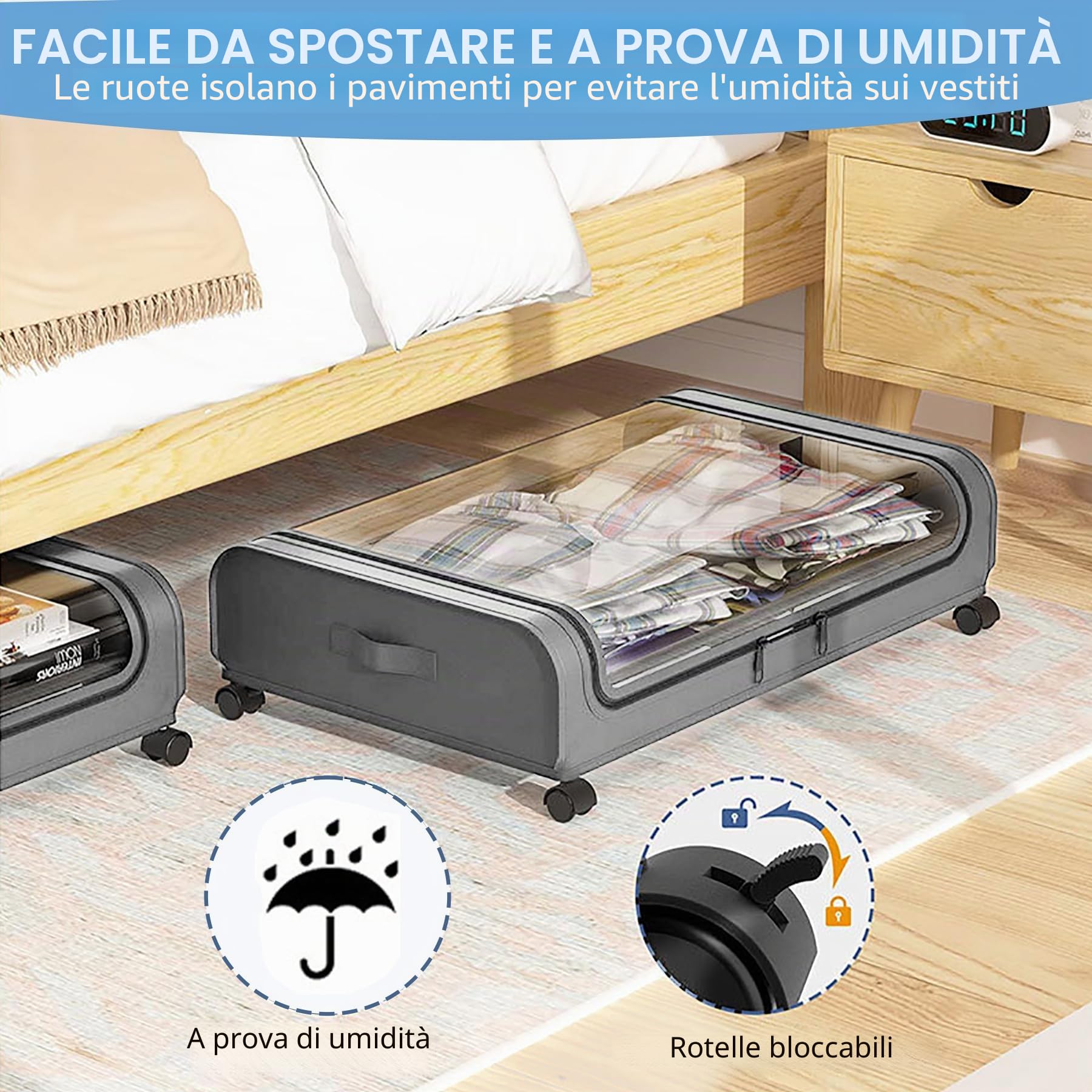 2 Pezzi Contenitori Sottoletto con Ruote Scatole per Armadio Salvaspazio Organizer Contenitore Vestiti Telaio in Metallo Scatola Sotto Il Letto con Coperchio per Vestiti Trapunte Giocattoli,Grigio