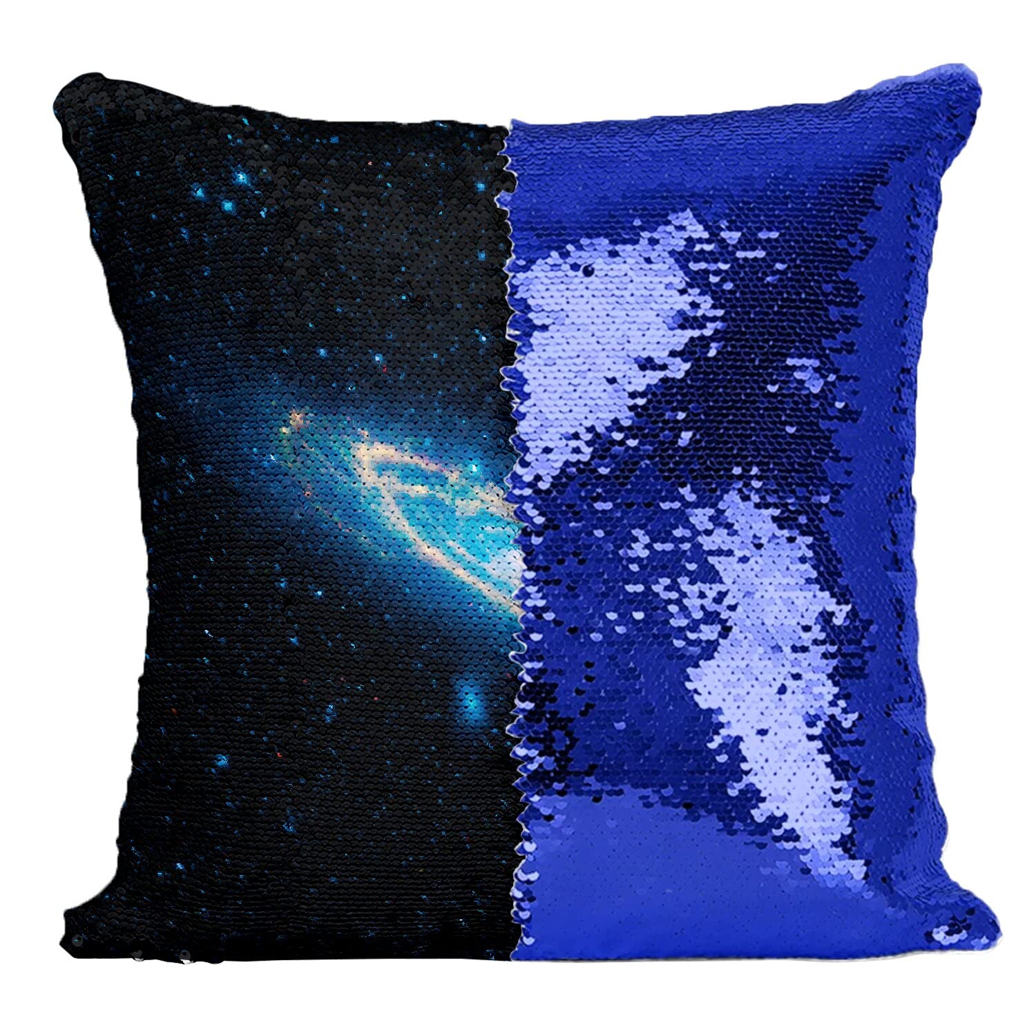 Coussin bleu paillettes galaxie Andromède housse sequins décorative pour lit et canapé