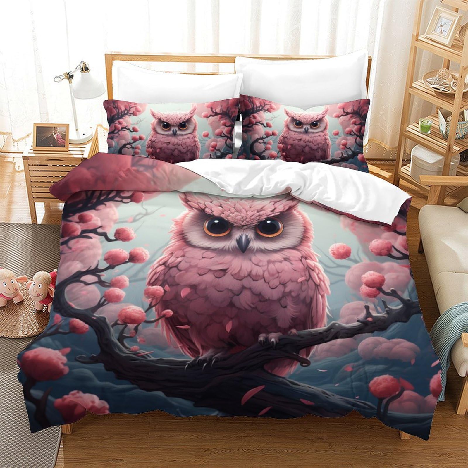 Housse de couette chouette 3D 200x200cm avec 2 taies d'oreiller