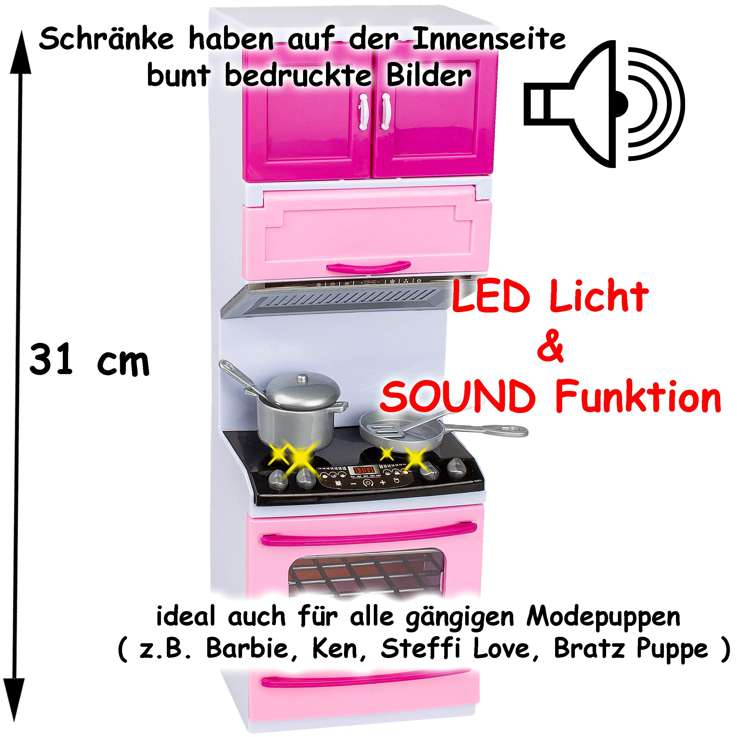 alles-meine.de GmbH Puppenhaus Möbel - Sound & Licht - 31 cm groß - Backofen + Herd + Geschirrspüler + Mikrowelle + Spüle - mit Zubehör - Miniatur Puppenstube Küche - passend für..