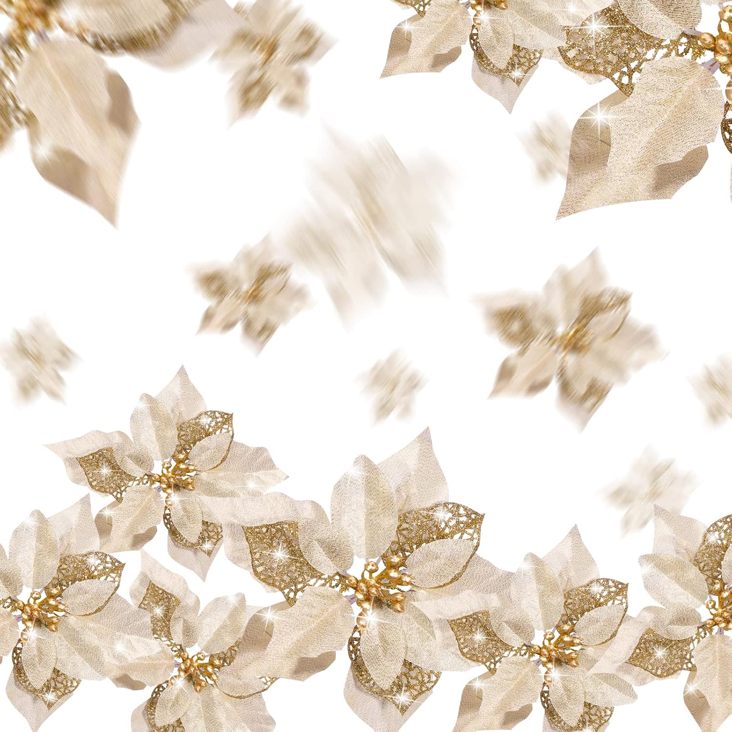 Geosar 72 Pieces 3/4/6 Inches Christmas Artificial Glitter Poinsettia Flowers Ornaments Xmas Flowers Wedding for Christmas Tree Ornaments(Gold) - Image 4
