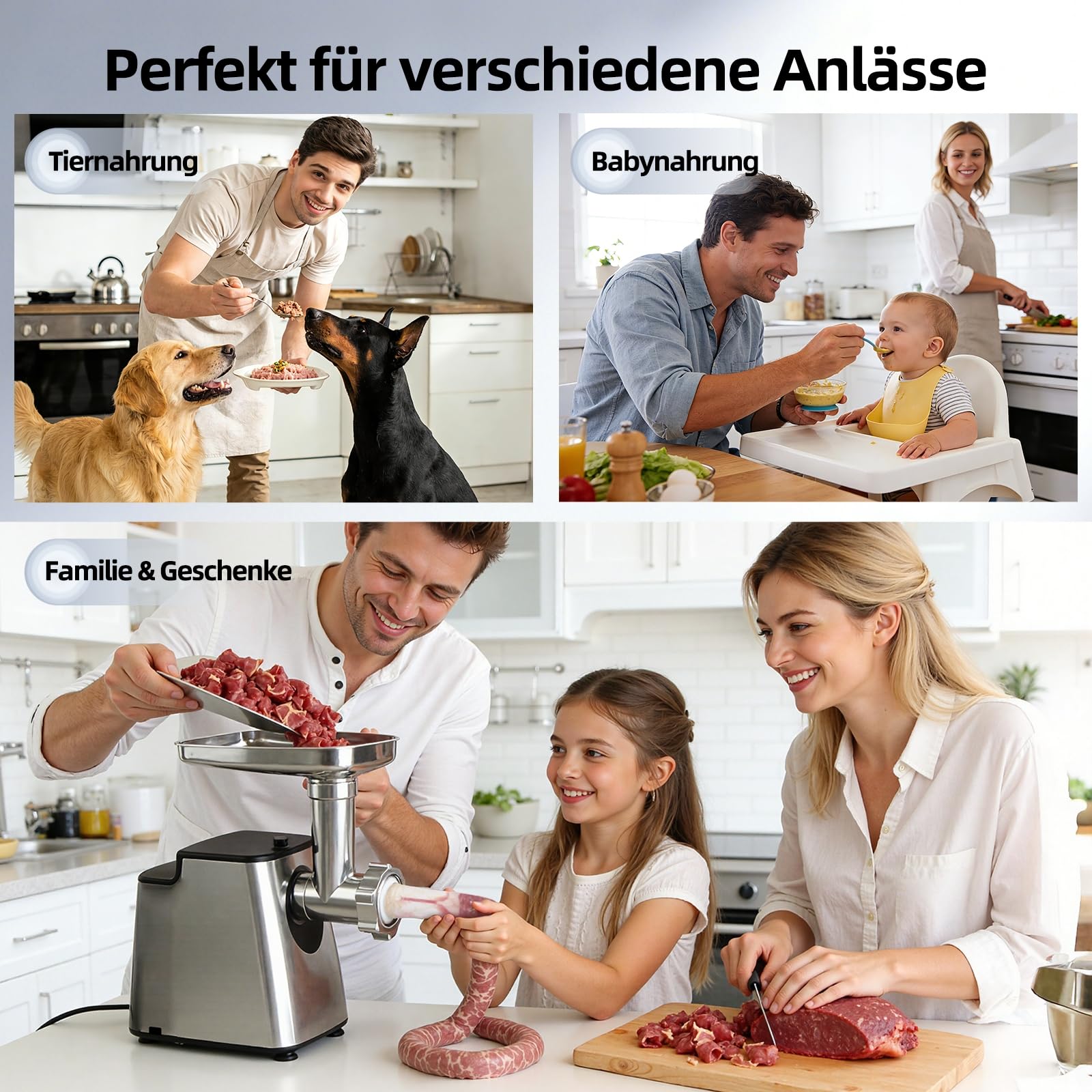FIMEI Elektrischer Fleischwolf, 4-in-1 Fleischwolf mit 3 Lochscheiben, 2 Klingen, 3 Wurstfüller, Kubbe-Kit, Spritzgebäck, Anti-Verstopfungs-Rücklauf, Edelstahl & Rutschfeste Basis, Hausgebrauch