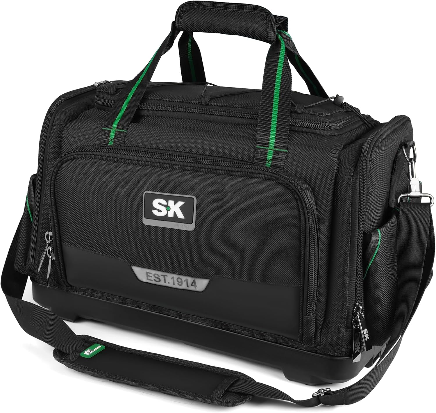 SK 21-Inch Heavy Duty Tool Bag, Stackable Tool Bag Organizer with 50 Pockets, with Padded Shoulder Strap and Touch Fastener Handle, 1680D Fabric with Waterproof Hard Base