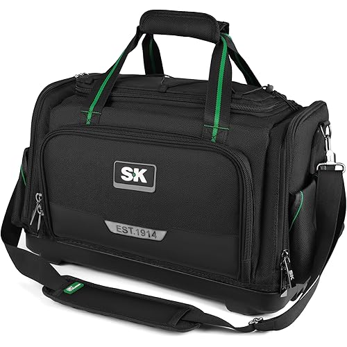 SK 21-Inch Heavy Duty Tool Bag, Stackable Tool Bag Organizer with 50 Pockets, with Padded Shoulder Strap and Touch Fastener Handle, 1680D Fabric with Waterproof Hard Base