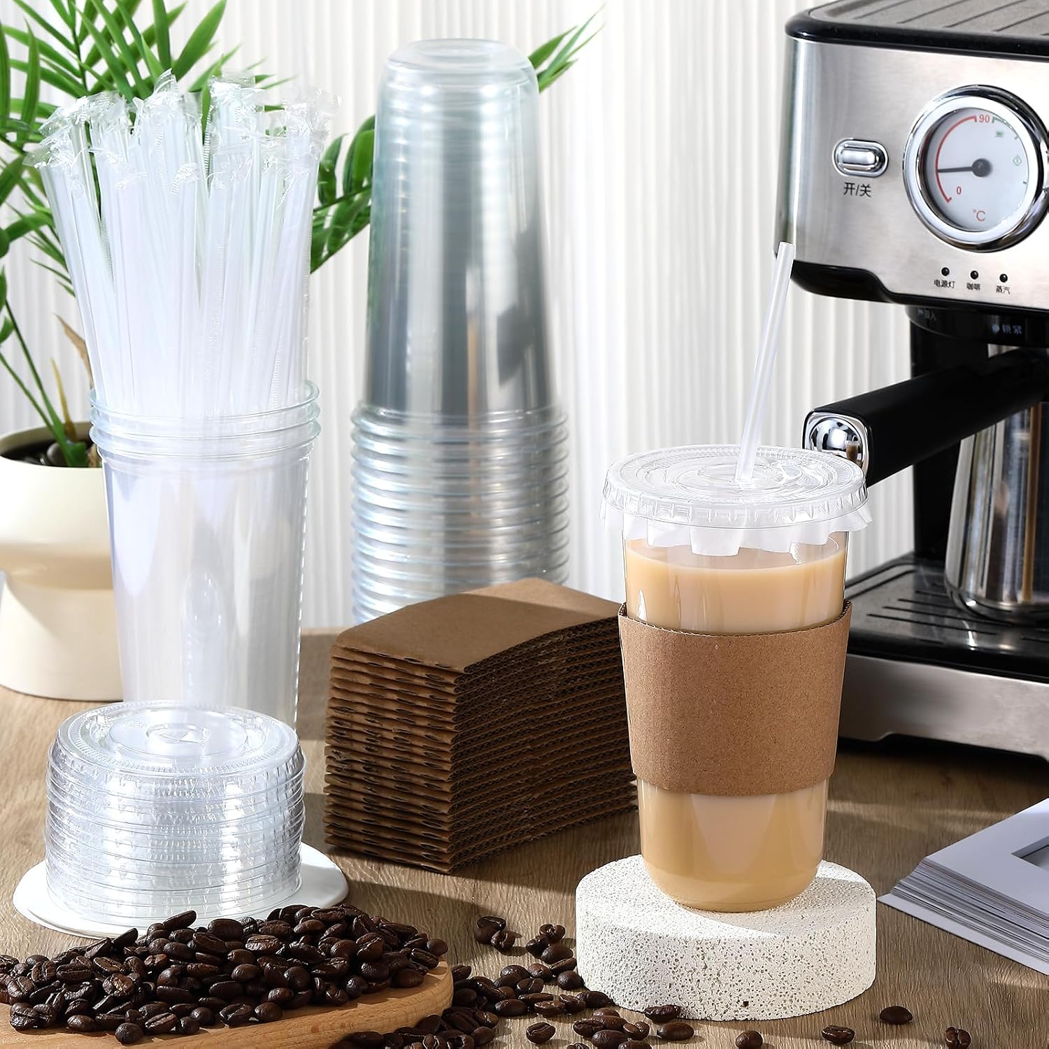 Baderke 50 Sets Clear Plastic Coffee Cups with Leak-proof Paper, Cup Sleeves, Lids, and Straws, Disposable PET Cups for Iced Coffee, Cold Drinks, Juice, Smoothie, Milkshake, Cafes, Party (20 oz) image 2