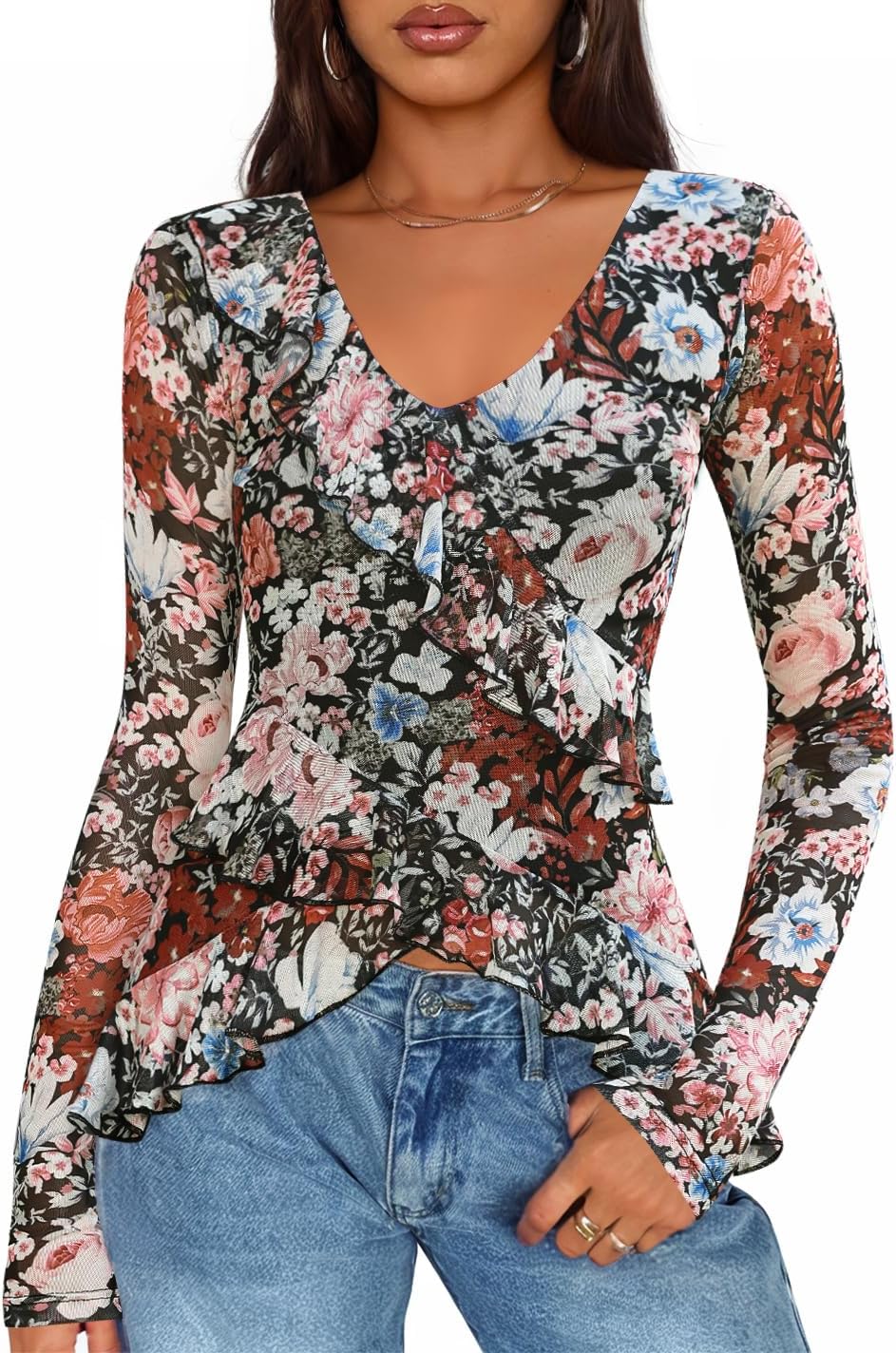 ZESICA Women's Long Sleeve Floral Shirts V Neck Going Out Ruffle Tops Blouses 2026 Fall Fashion Clothes Outfits