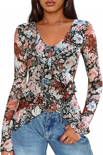 ZESICA Womens Long Sleeve Floral Shirts V Neck Going Out Ruffle Tops Blouses 2026 Fall Fashion Clothes Outfits