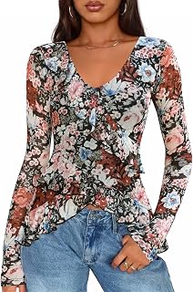 ZESICA Womens Floral Ruffle Mesh Tops Long Sleeve Shirts