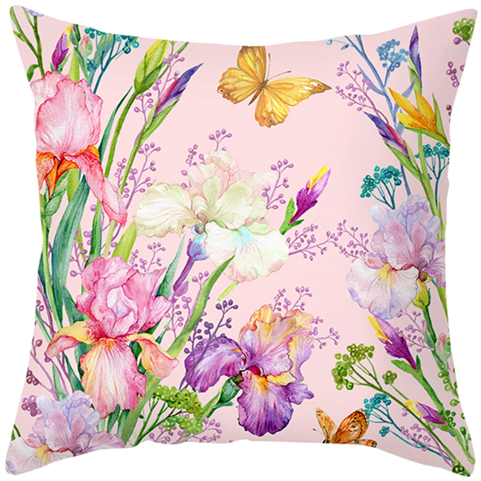 EHOMERY Couch Pillow Cover Rectangle Deep Cushion Covers Outdoor Flowers Grass Butterflies Silk Throw Pillow Covers Rustic Printed Pink Purple Green 16X16 Inches