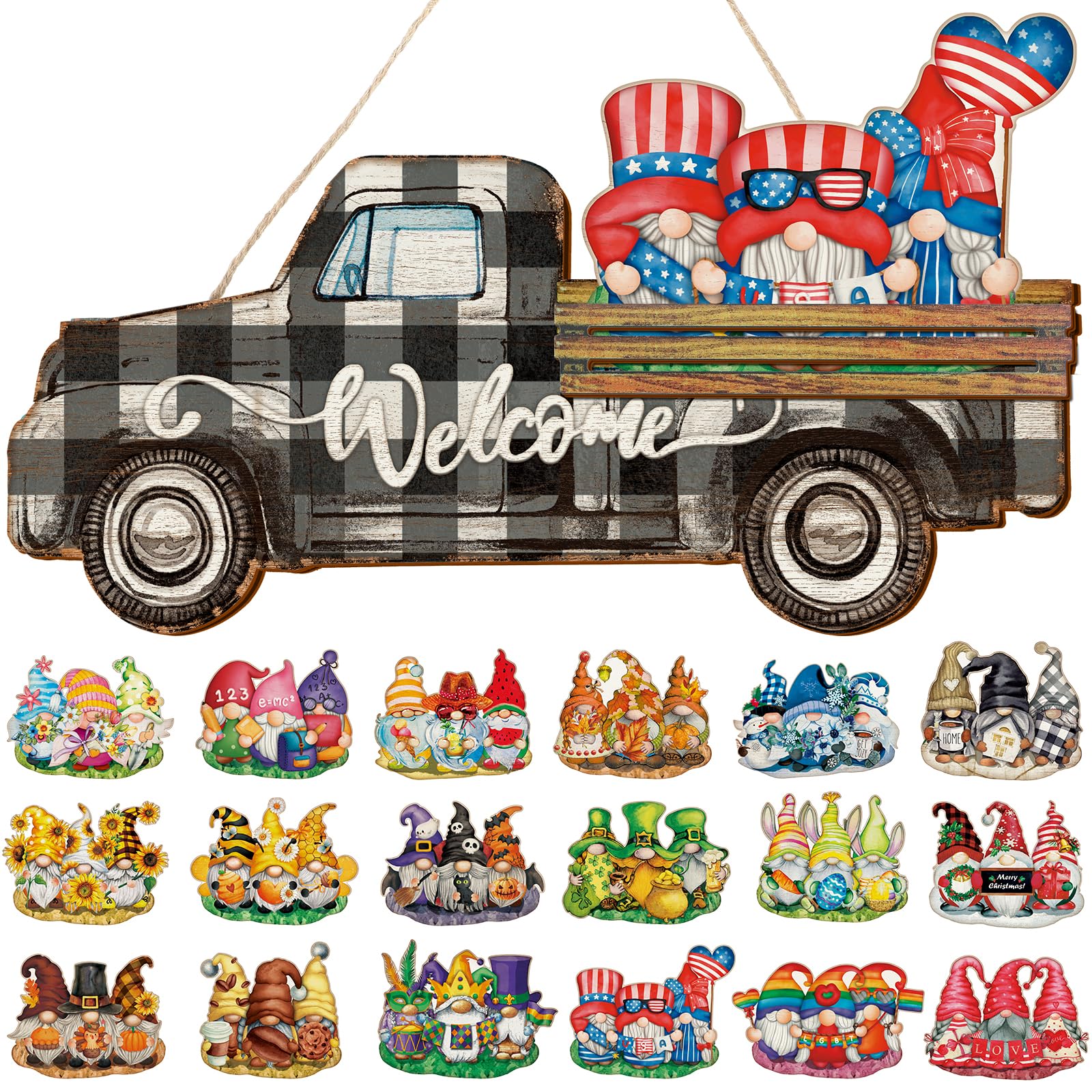 Chitidr 23 Pcs Spring Interchangeable Gnome Welcome Sign Summer Wooden Gnomes Sign Truck Decor Seasonal Hanging Sign Rustic Truck Welcome Door Decor for Spring Summer Holiday(Black White)