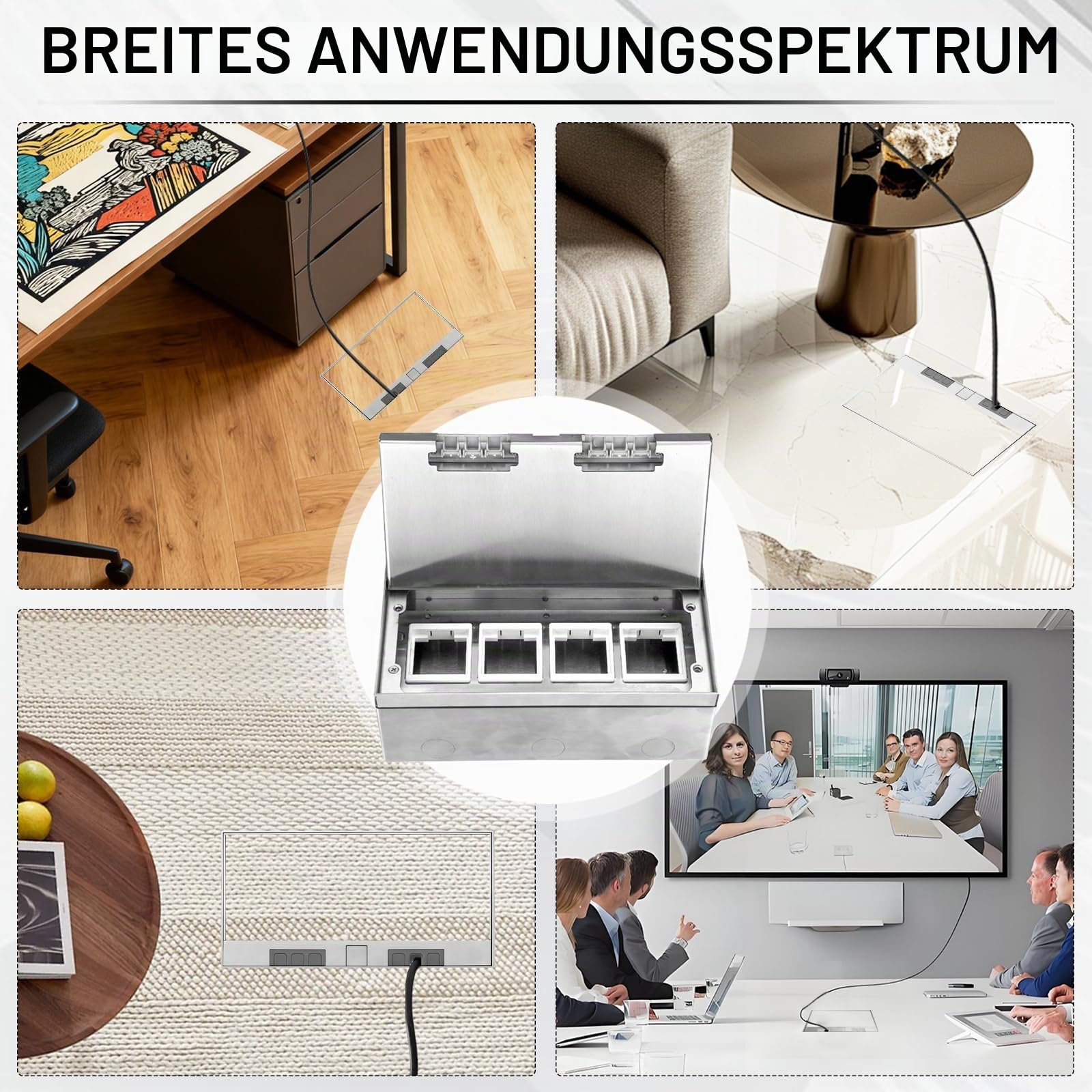 Bodentank Bodensteckdose, 4000W/16A Einbausteckdose aus Edelstahl Wasserdichte Bodeneinbaudose für Küche Wohnzimmer Büro, Bodeneinbau Steckdosenbox Versenkbar Bodentank 4 Fach 250 * 130mm