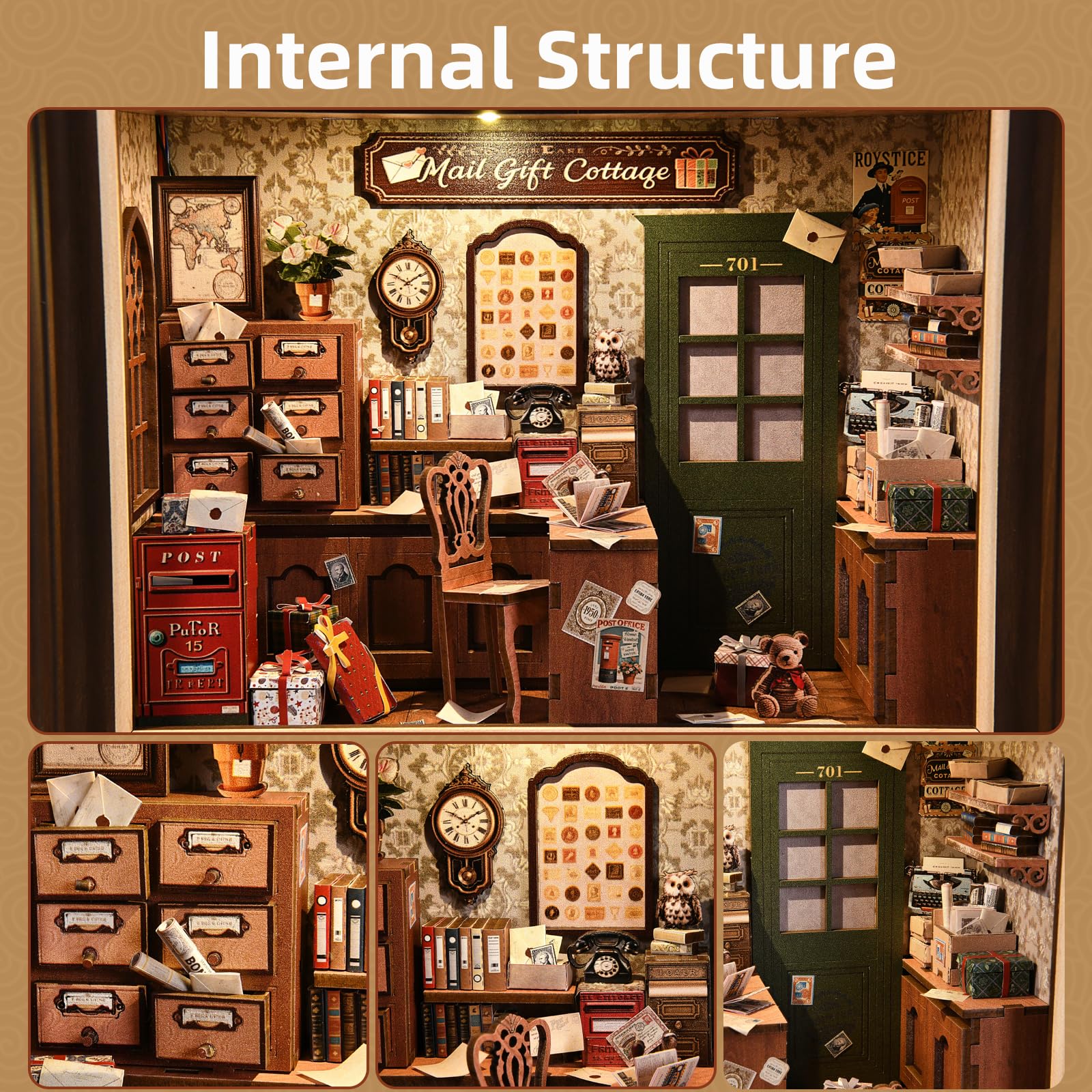 Zestaw Book Nook – drewniane puzzle 3D, z przełącznikiem LED i ramą do montażu na ścianie, miniaturowy dom dla początkujących, regał na książki, dekoracja stołu, dekoracja ścienna dla miłośników