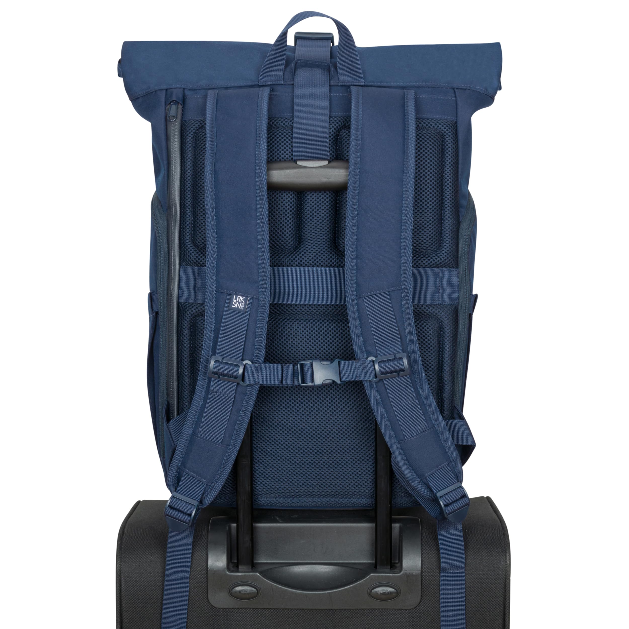 LARKSON Plecak damski i męski – No 4 Large – Rolltop Backpack 21 l z kieszenią na laptopa o przekątnej ekranu 16", do pracy i na rowerze – duży plecak podróżny z paskiem na kółkach, granatowy, jeden