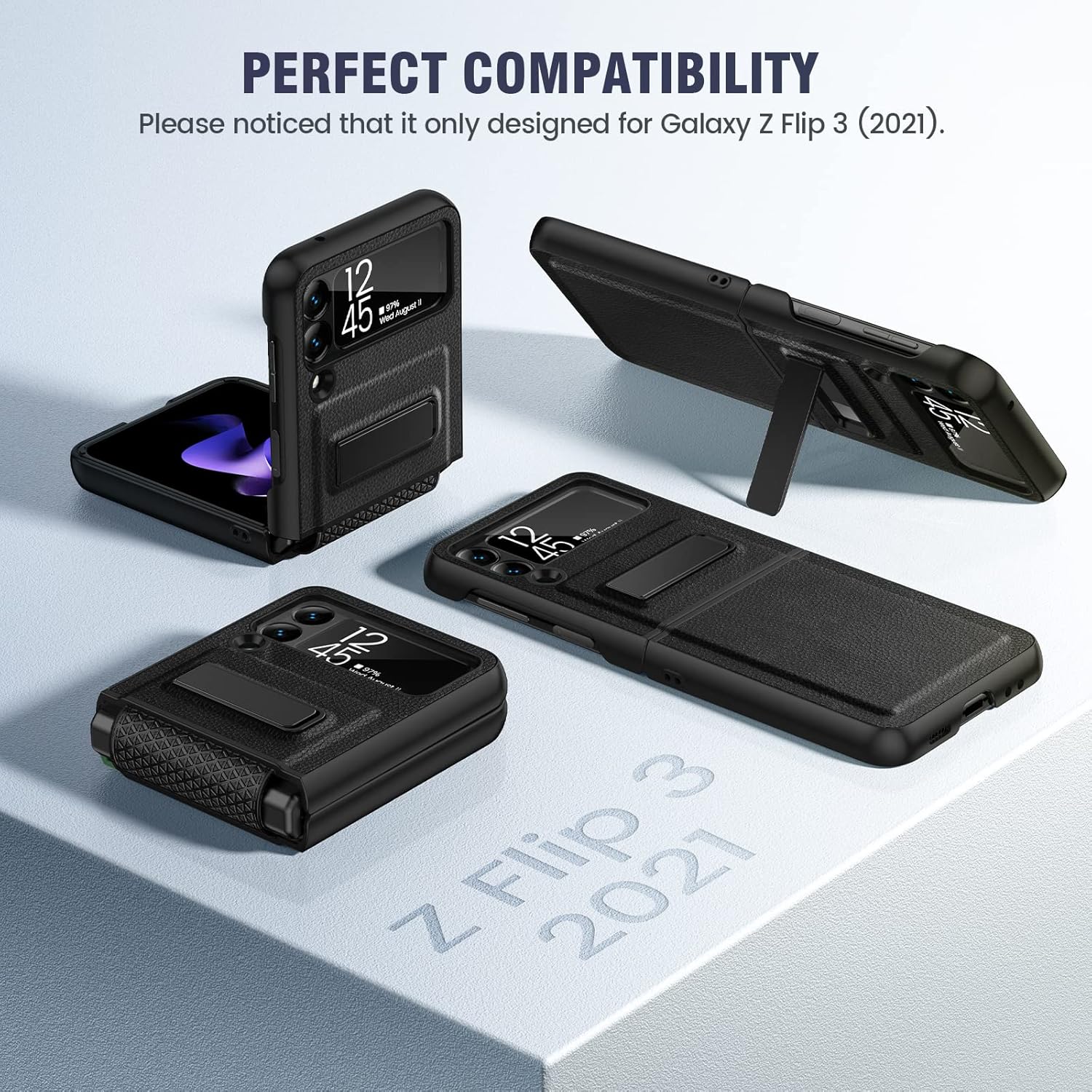 Caka Compatible for Galaxy Z Flip 3 5G Kickstand Case, Z Flip 3 Case with Camera Protector Hinge Protection Wireless Charging Cover for Samsung Galaxy Z Flip 3 (Black)