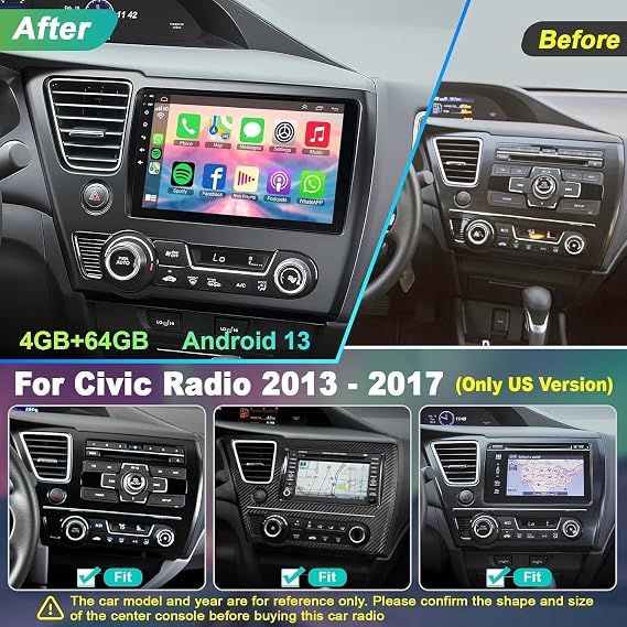 [4G+64G] Android 13 Car Radio for Honda Civic 2013-2017(Only US Version), 9 IPS Touchscreen Supports Wireless Carplay&Android Auto, Bluetooth &GPS,FM Radio& Back-up Camera, Civic Stereo