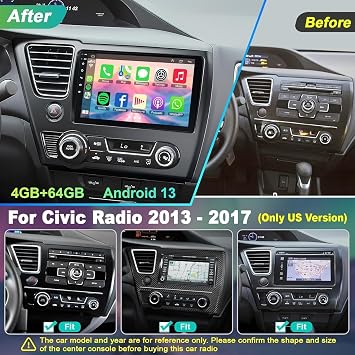 [4G+64G] Android 13 Car Radio for Honda Civic 2013-2017(Only US Version), 9 IPS Touchscreen Supports Wireless Carplay&Android Auto, Bluetooth &GPS,FM Radio& Back-up Camera, Civic Stereo