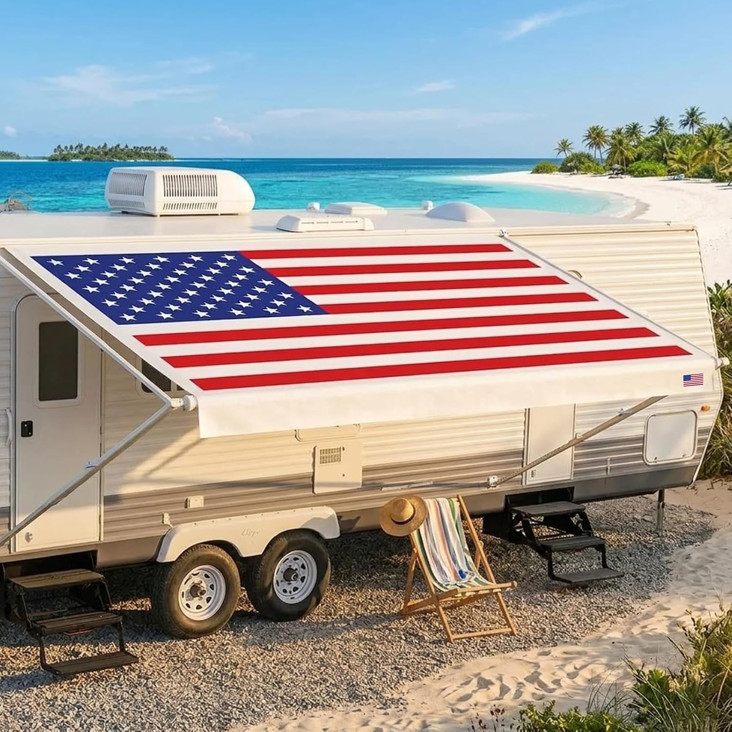 RV Awning Fabric Replacement 13'(12'2" Fabric), USA Flag Design 19.5oz Heavy-Duty Camper Awning Replacement, Heat-Sealed Vinyl, UV-Resistant & Weatherproof for RV Awnings, Trailer Awnings