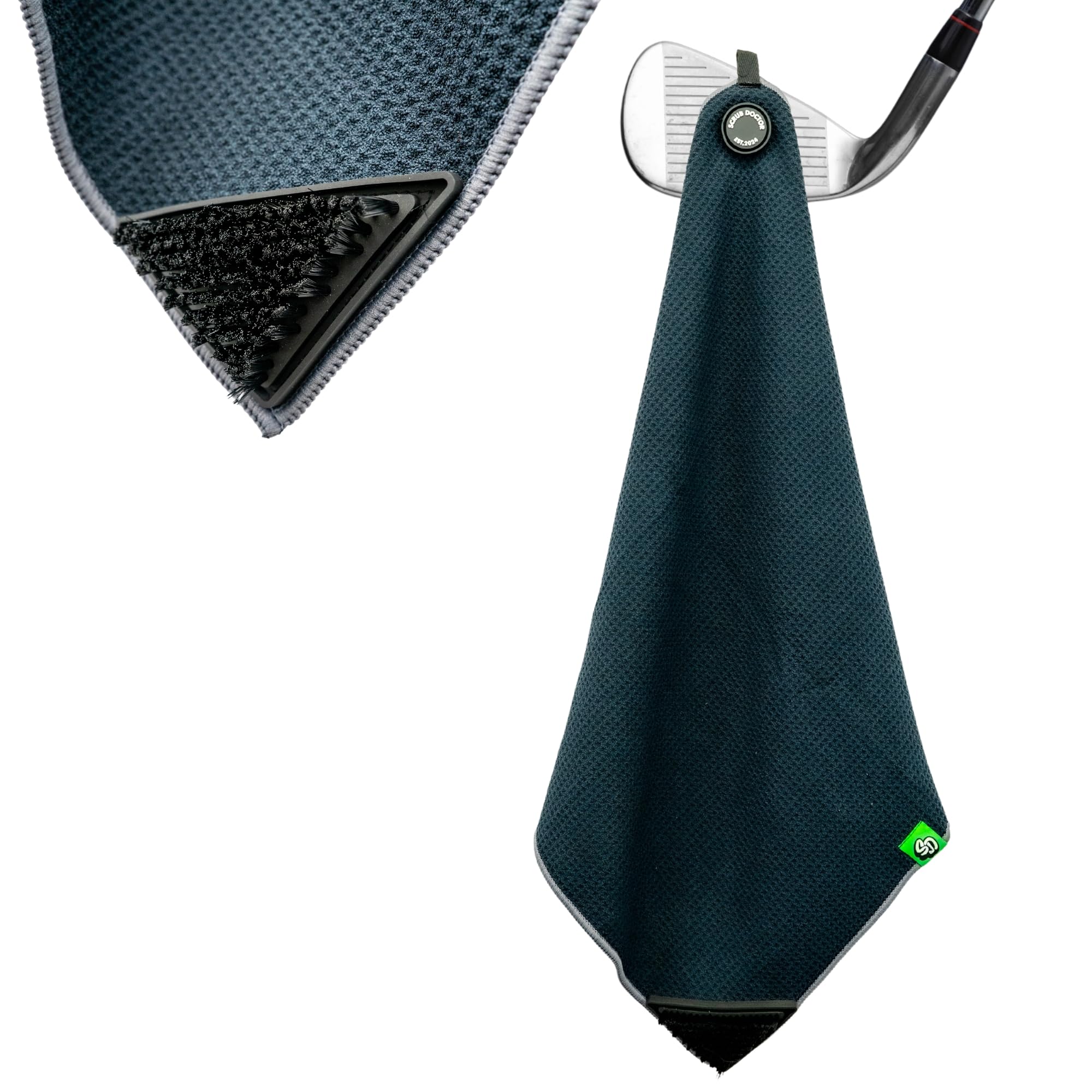Club DoctorScrub Doctor Golf Towel (Black) - Built-in Club Scrub Brush and Magnet - Clean Grooves - Magnetic for Strong Hold to Golf Carts or Clubs - Thick Premium Waffle Microfiber