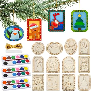 12 Set Christmas Crafts - Wooden DIY Christmas Ornaments with Tree, Reindeer, Santa Claus, Star, Snowmen, Unfinished Frame Xmas Arts and Crafts Kit for Birthday party Gifts Holiday Hanging Decorations