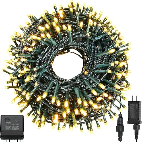 QUWIN Guirnalda de luces LED impermeables de Navidad para exteriores, 115 pies, 300 LED con certificación UL, 8 modos con enchufe de extremo a