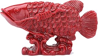 BRABUD Chinese Fengshui Money Fish Statue Red Resin Wealth Arowana with Sea Wave Figurine Home Desk Decoration Collectible Gift TQGJBS319