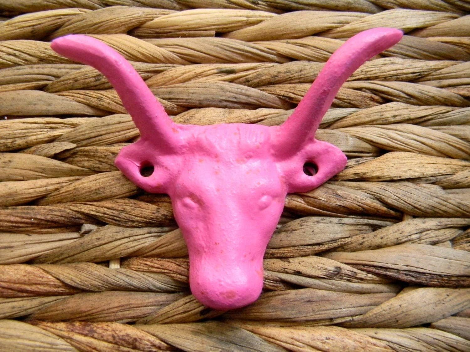 Cast Iron Pink Wall Hook, Farmhouse Rustic Décor, Cow Animal Knobs, Cabinet Drawer Pull