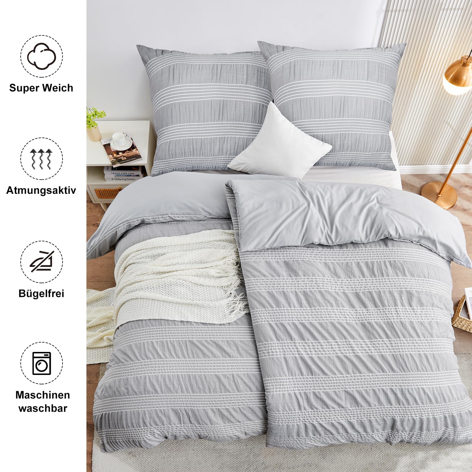 Qucover Bettwäsche 155x220cm,Seersucker Bettwäsche 4teilig Grau Mikrofaser | Bettwäsche-Sets, 2 Bettbezüge 155x220 cm + 2 Kissenbezüge 80X80 cm, Bügelfrei Kuschel Bettwäsche mit Reißverschluss